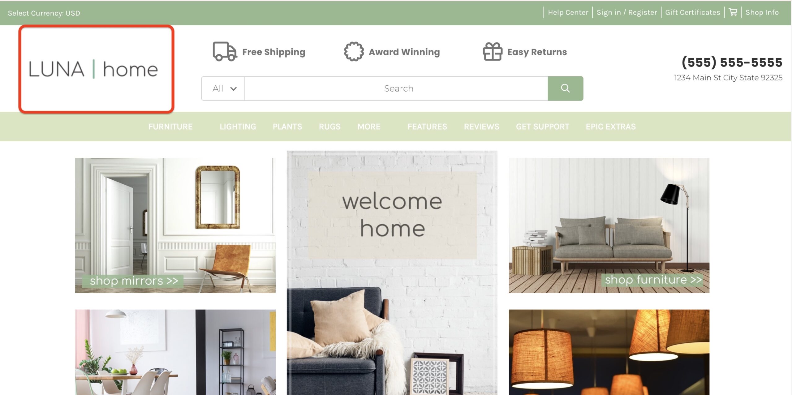 Header logo highlighted: “LUNA | home” at left; benefits icons, category dropdown, search box, and store phone on right.