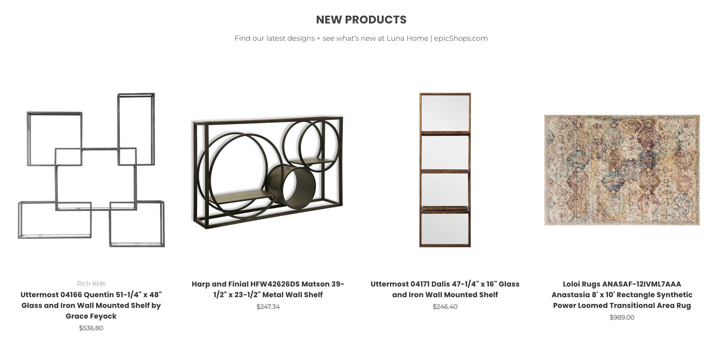 Luna theme website section titled New Products showing four items: two metal wall shelves, a mirror shelf, and a patterned area rug.