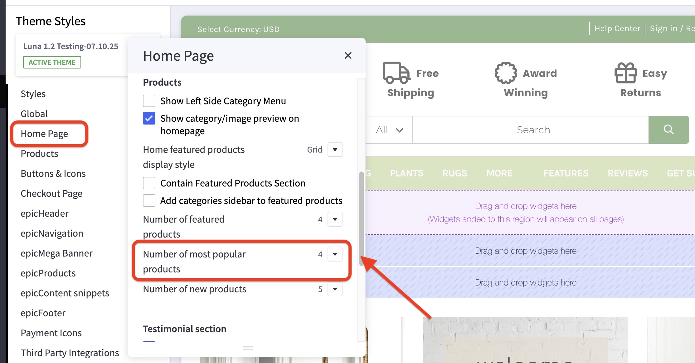 Luna theme customizer panel with Home Page selected; control adjusts how many Popular Products appear on the homepage.