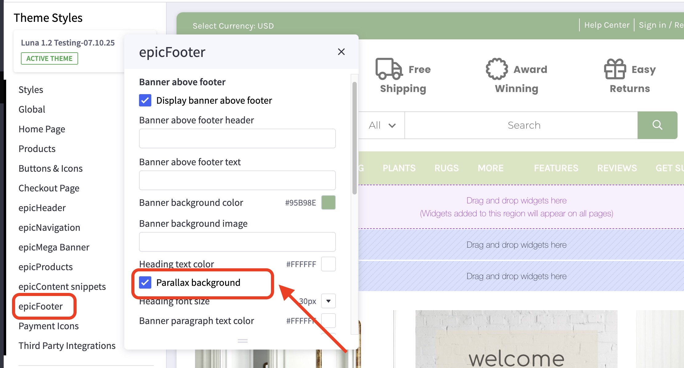 Luna Theme Styles screen highlighting epicFooter Banner above footer fields and the checked Parallax background option.