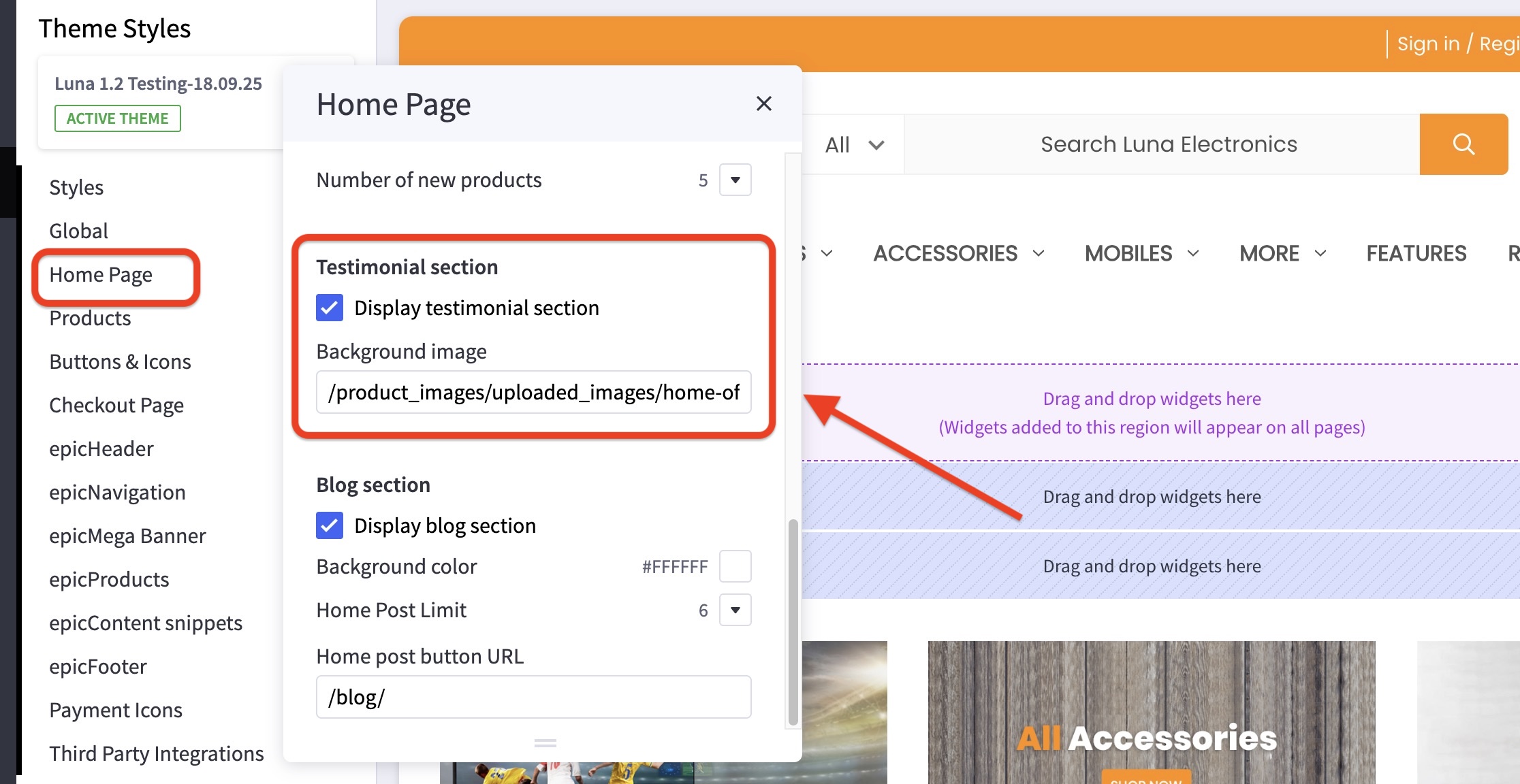 BigCommerce Theme Styles panel: “Home Page” selected, “Display testimonial section” checked, background image field shown.