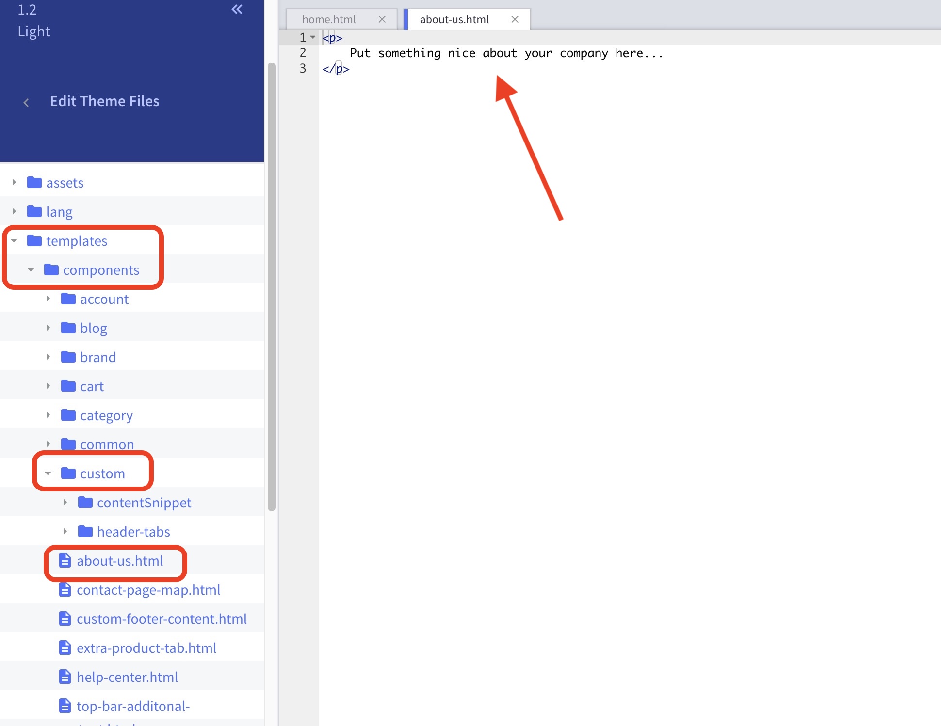 Code editor view of about-us.html in Luna theme, highlighting placeholder paragraph instructing user to add company description content.
