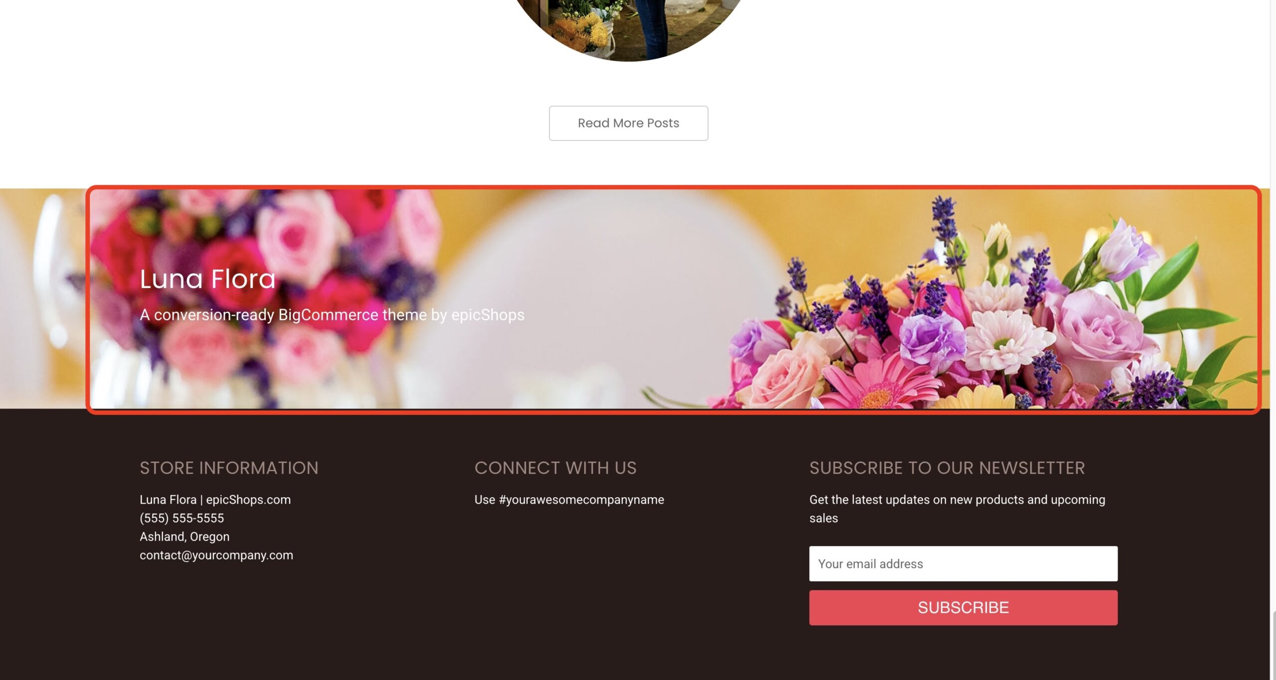 Colorful pink and purple flower arrangement banner above footer featuring Luna Flora theme title and tagline text.