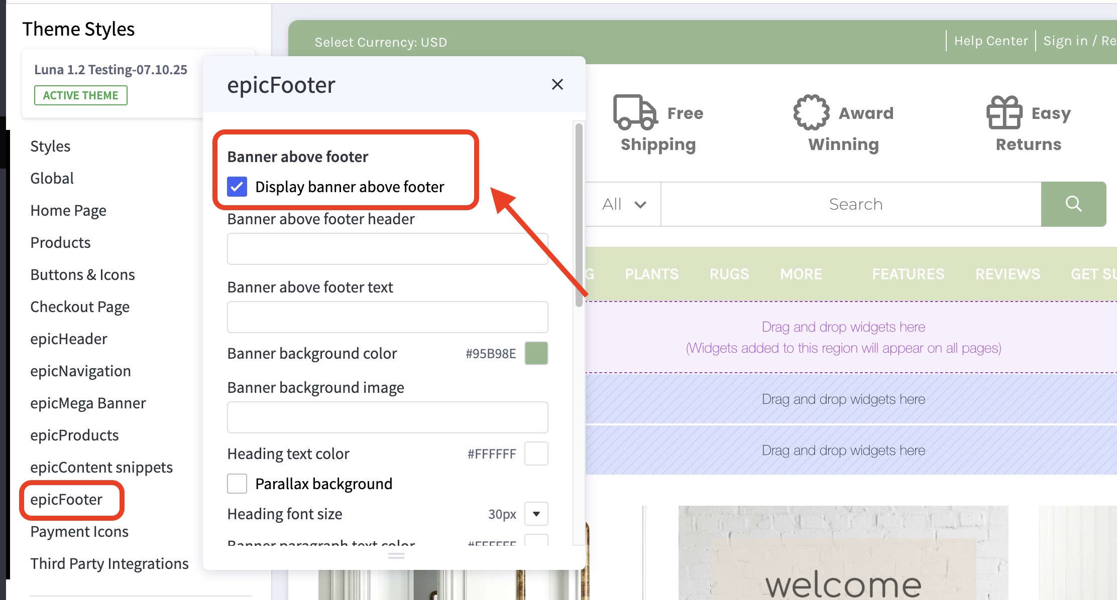 BigCommerce Theme Styles panel showing epicFooter settings with “Display banner above footer” checkbox enabled.