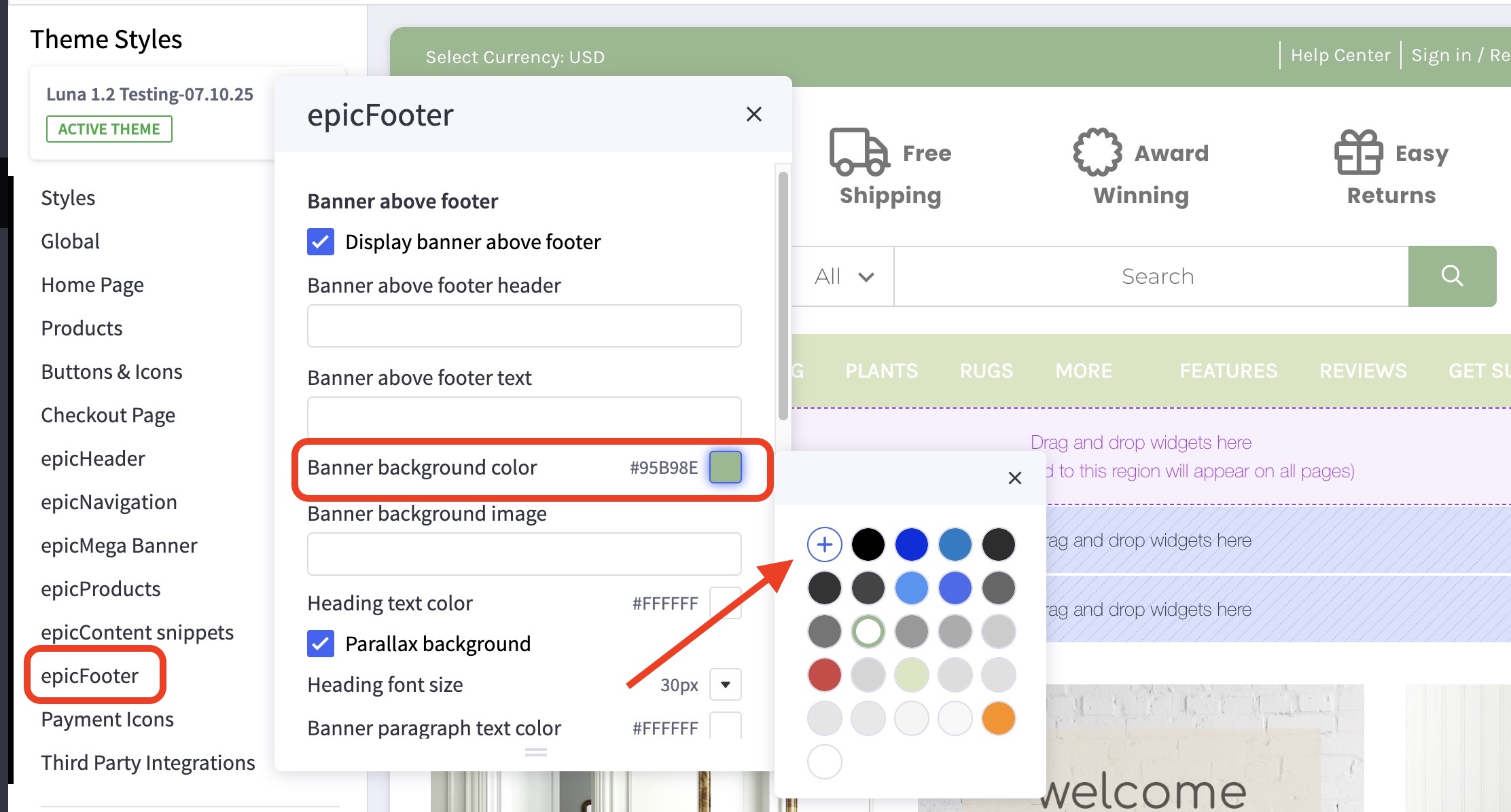 Luna Theme Styles epicFooter options showing banner above footer fields and user selecting a new banner background color from palette.