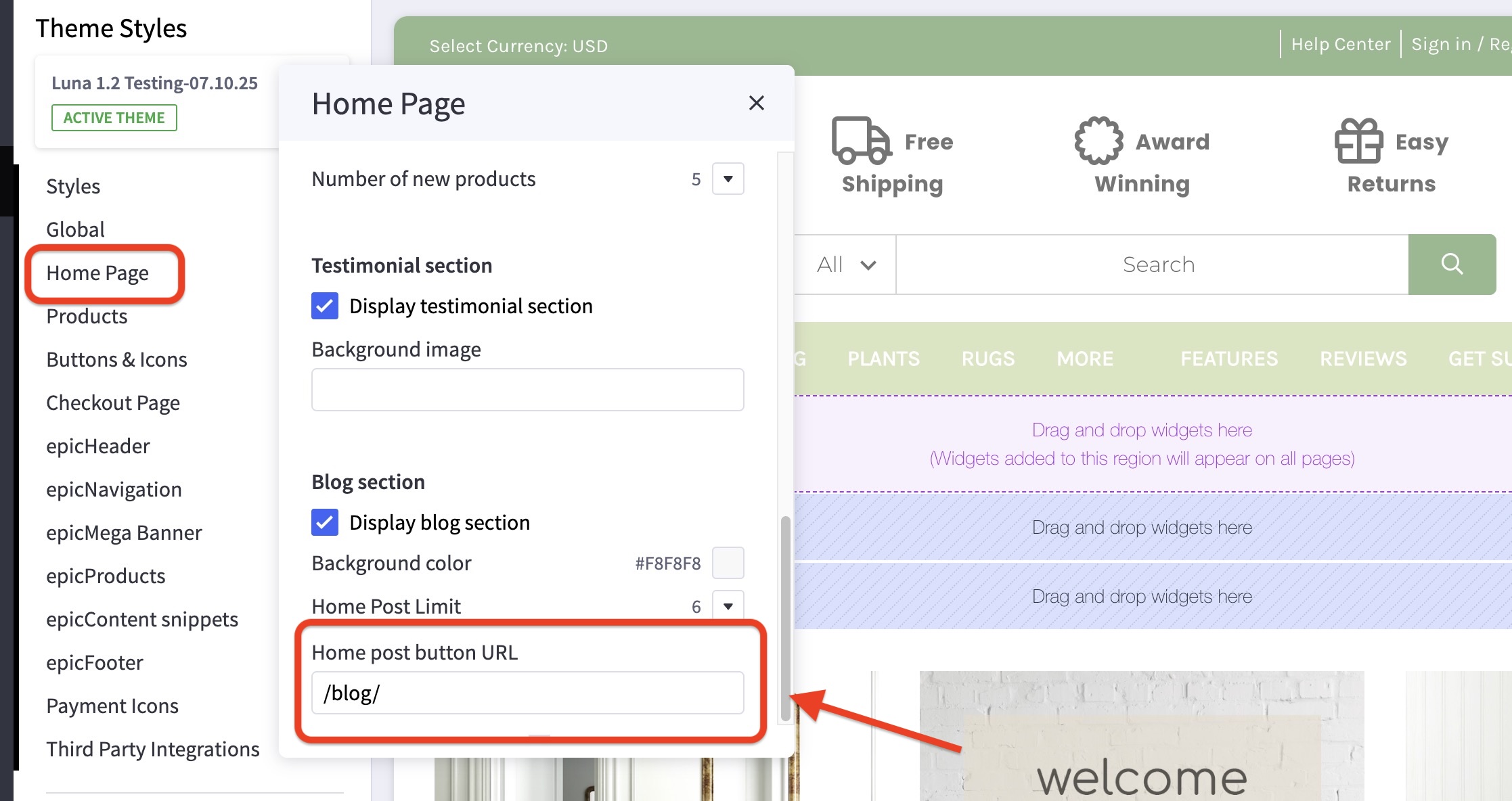 BigCommerce settings screen showing Blog section; arrow and red box emphasize the Home post button URL field (/blog/).