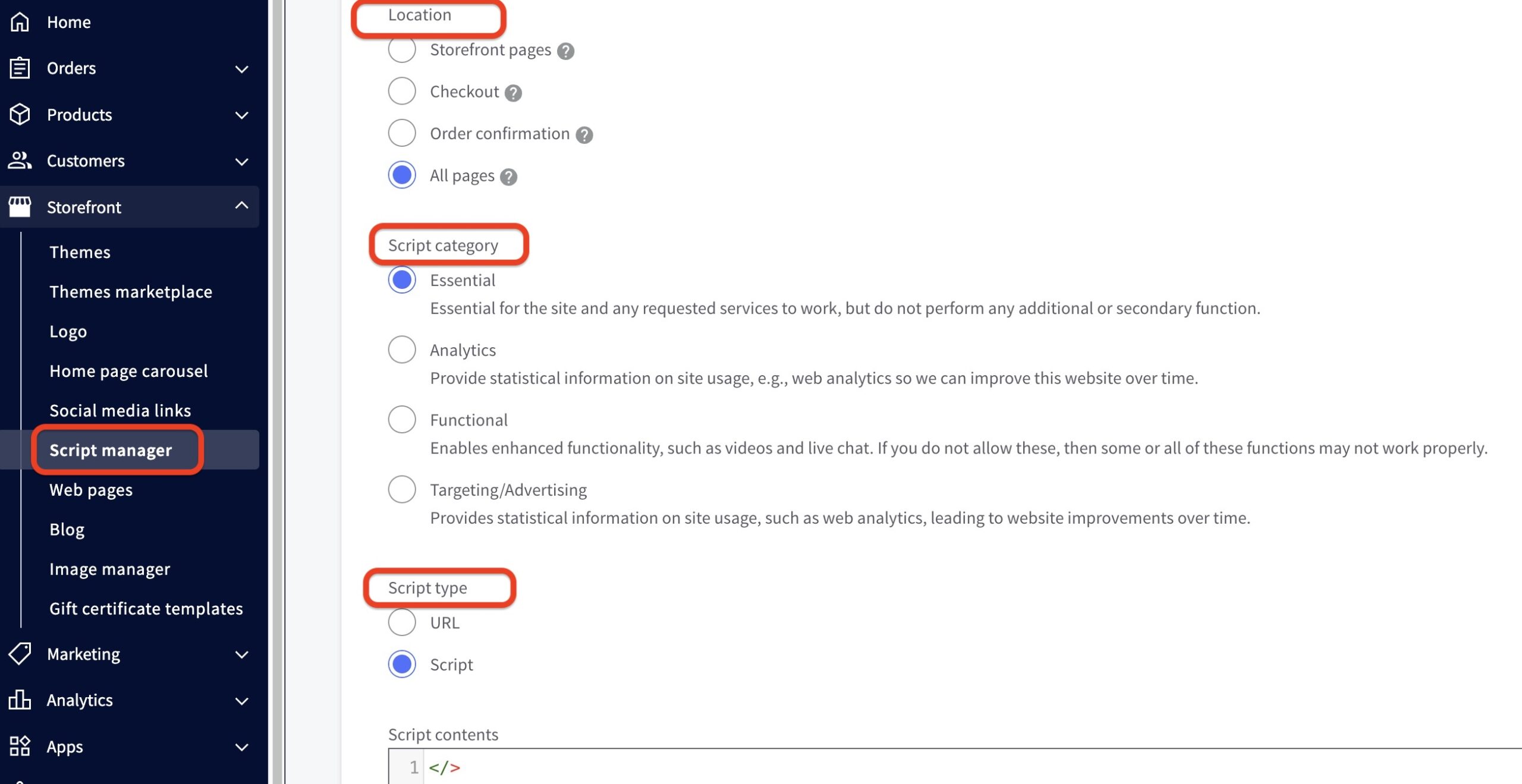 BigCommerce Script Manager: Location All pages; category Essential; type Script; code field visible.