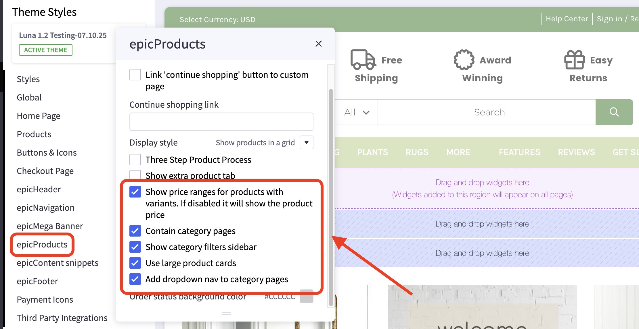 Luna theme epicProducts configuration showing enabled checkboxes for variant price ranges, category pages and filters, large cards, and dropdown nav to category pages.