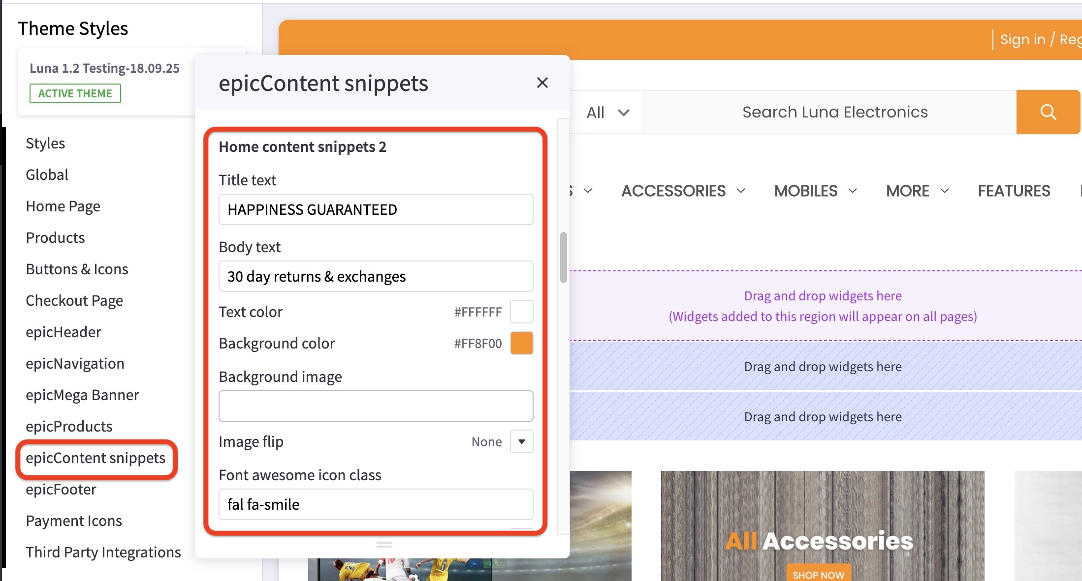 Editor panel for epicContent snippets with fields for title, body, colors, and icon; editing “HAPPINESS GUARANTEED.