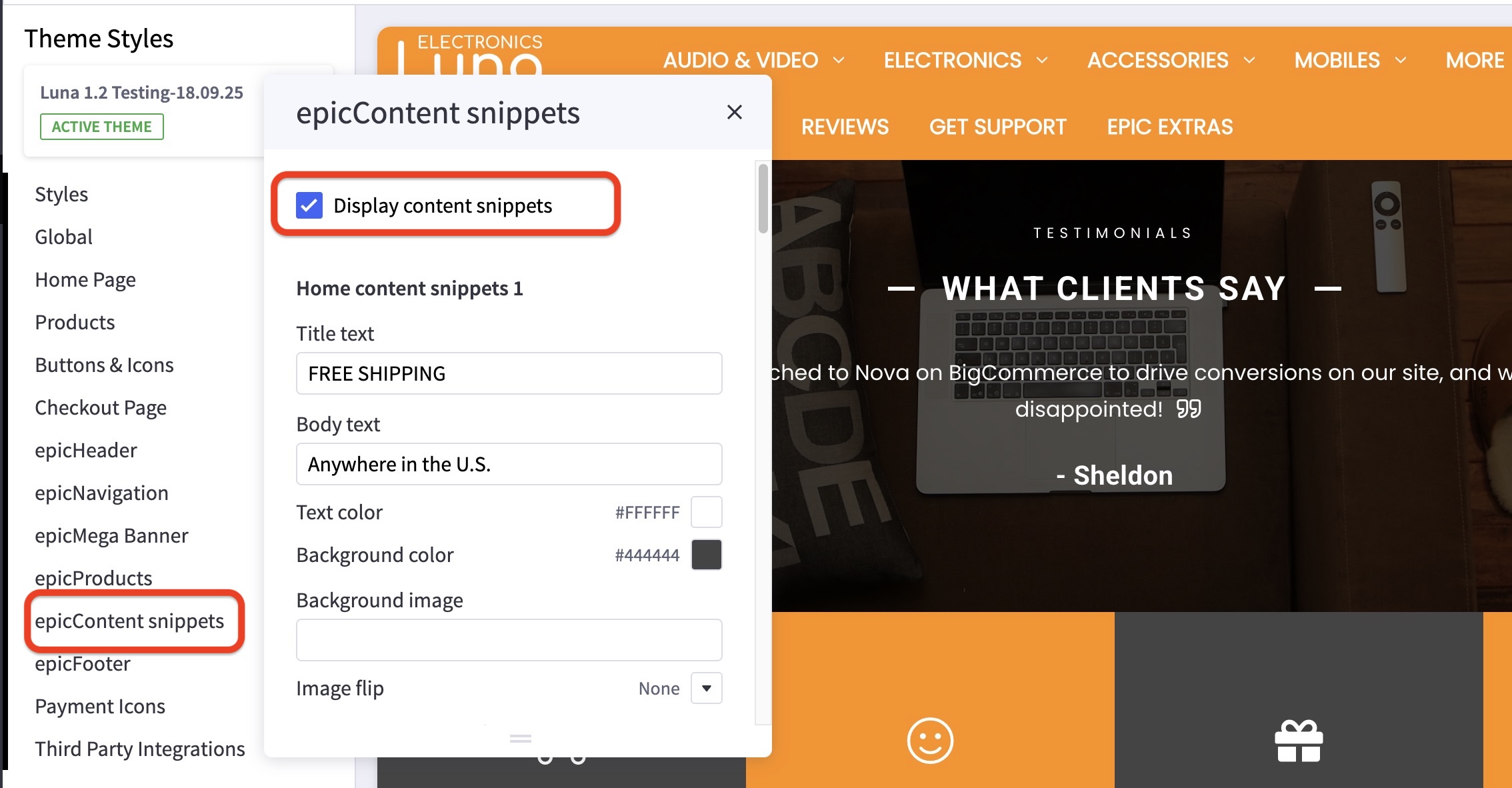 Theme editor: “epicContent snippets” settings with “Display content snippets” checkbox checked.
