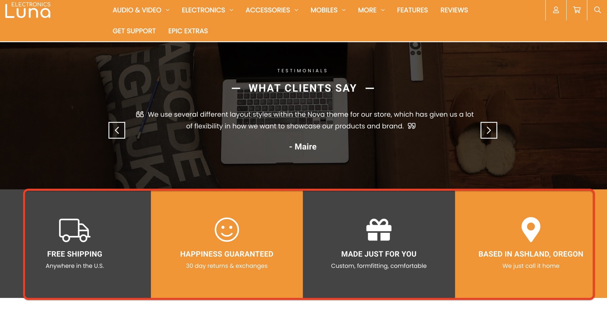 Four content snippets—Free Shipping, Happiness, Custom, Ashland OR—highlighted.