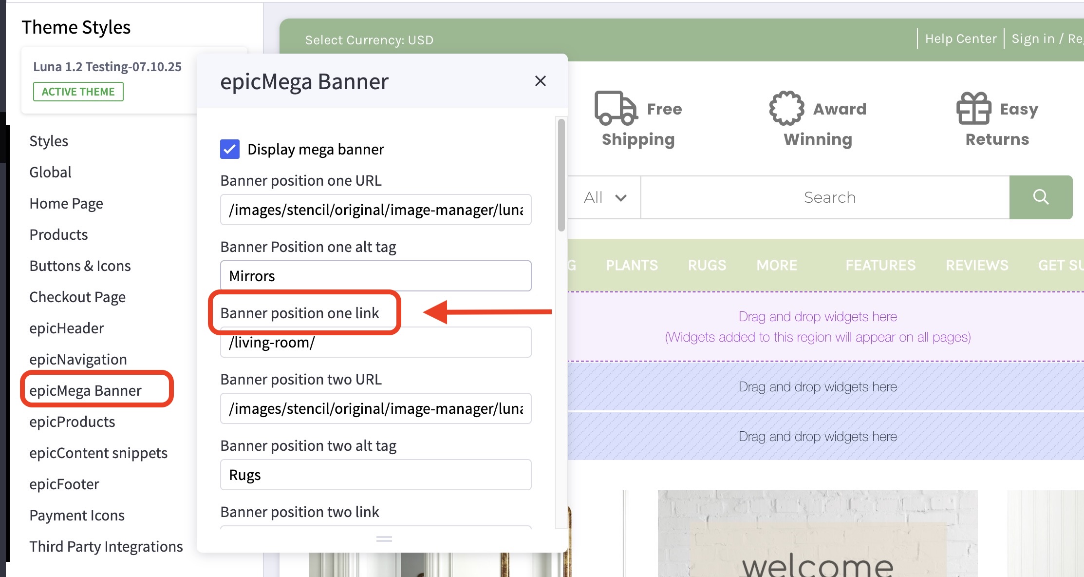 Luna theme editor showing epicMega Banner settings with Banner Position One link field highlighted.
