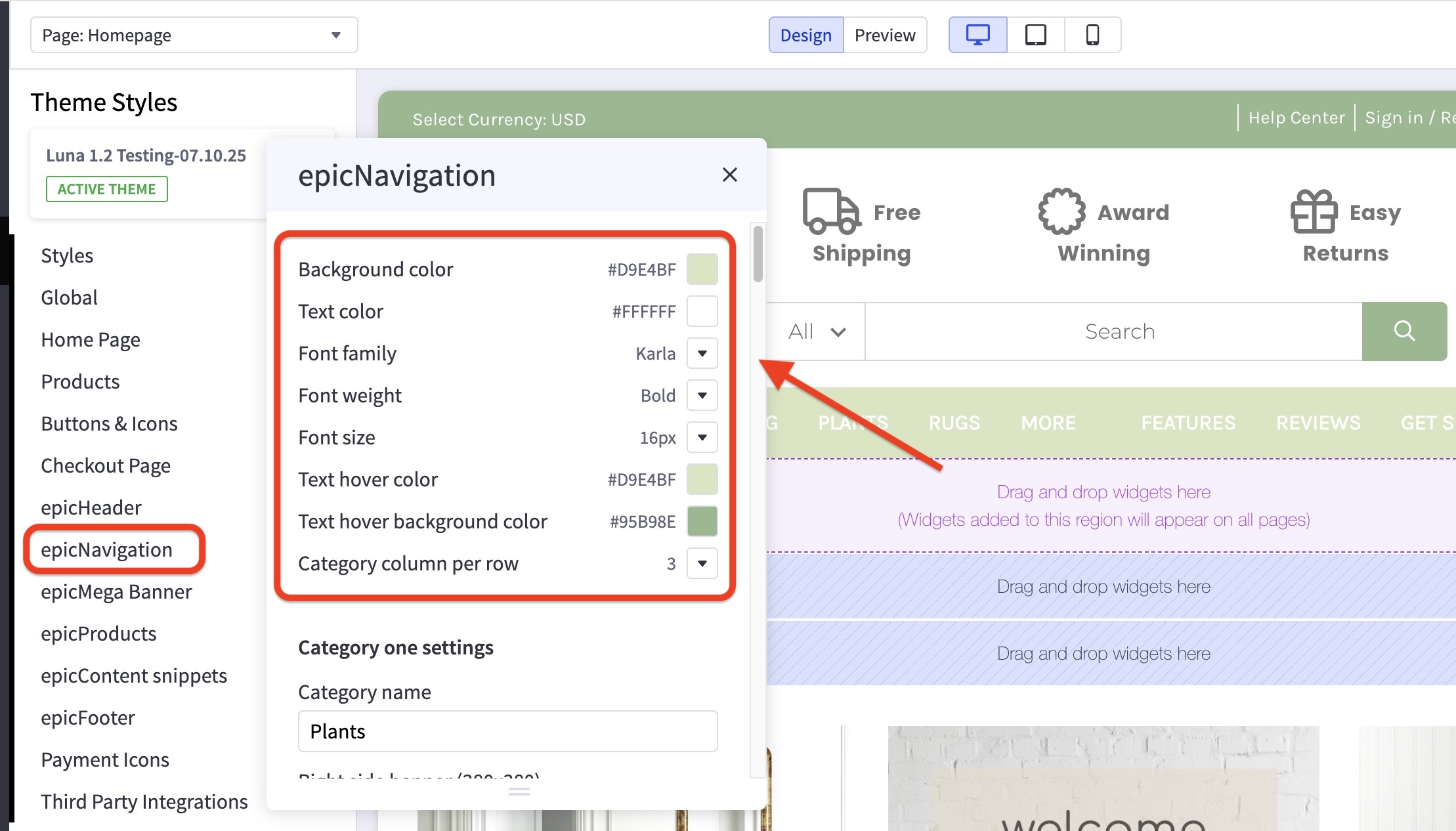 Luna theme customizer view showing epicNavigation options—background/text colors, font size, columns per row—beside the highlighted menu.