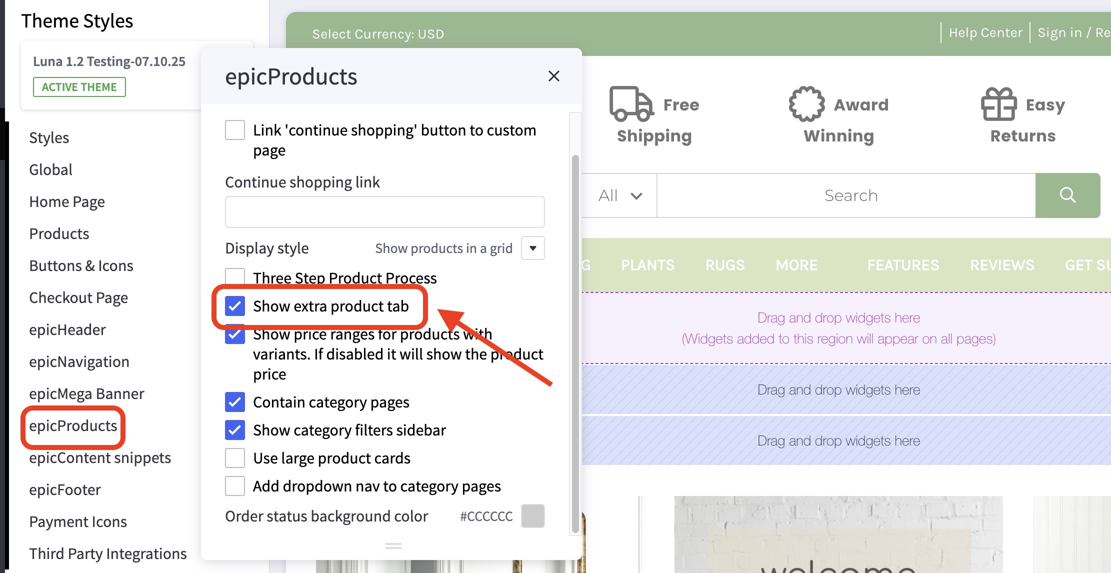 Luna theme Styles window showing epicProducts configuration where “Show extra product tab” is enabled for product pages.