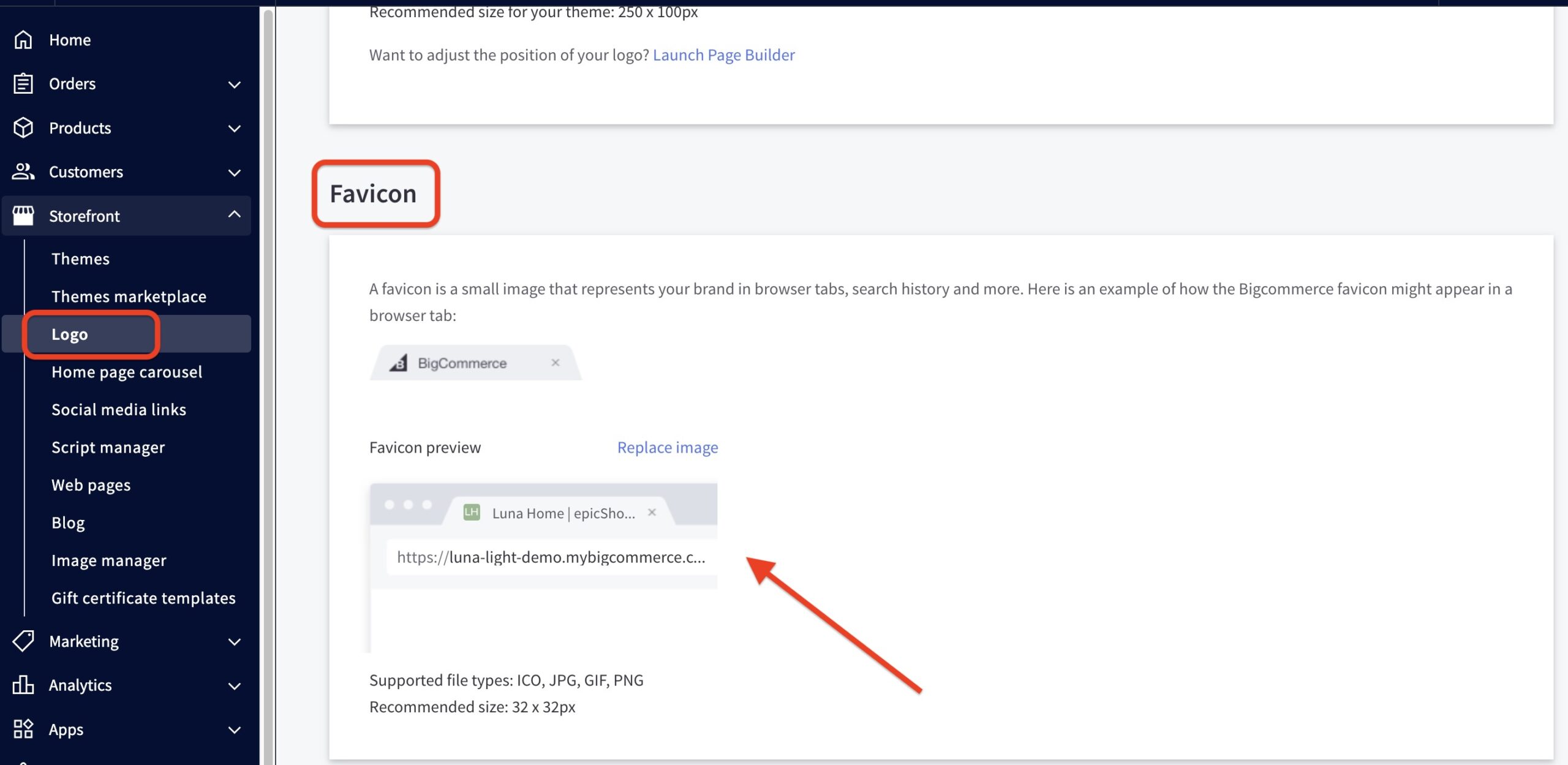Dashboard screen under Storefront > Logo displaying favicon preview, description, and supported file types for the site icon.