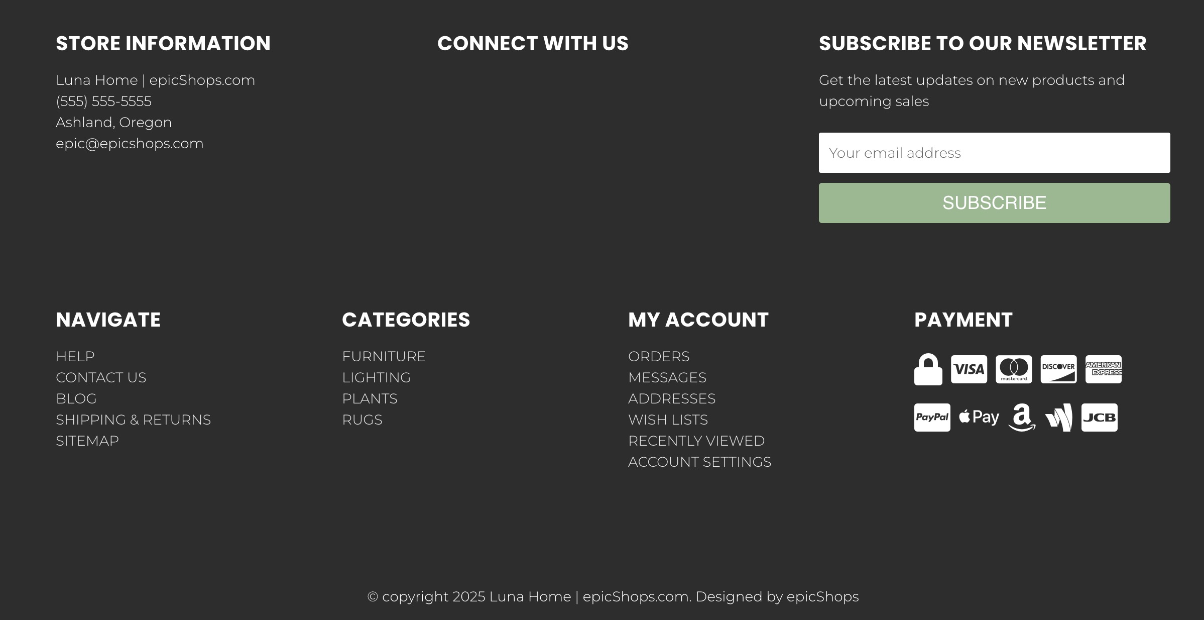 Website footer showing contact details, menu columns, email subscribe field, and credit card and digital payment logos.