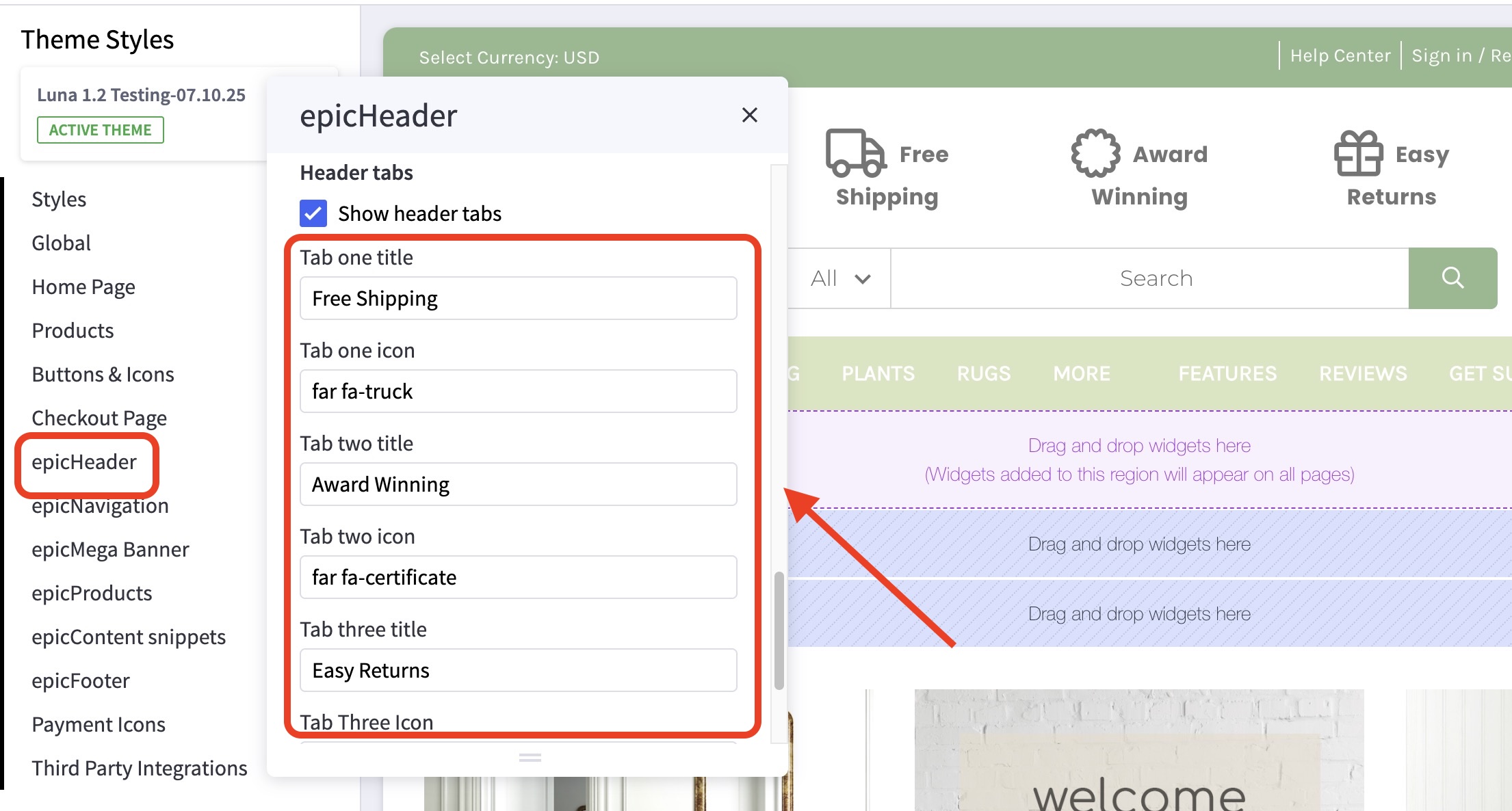 Theme Styles panel under epicHeader where store owners configure text and icons for header tabs on the site.