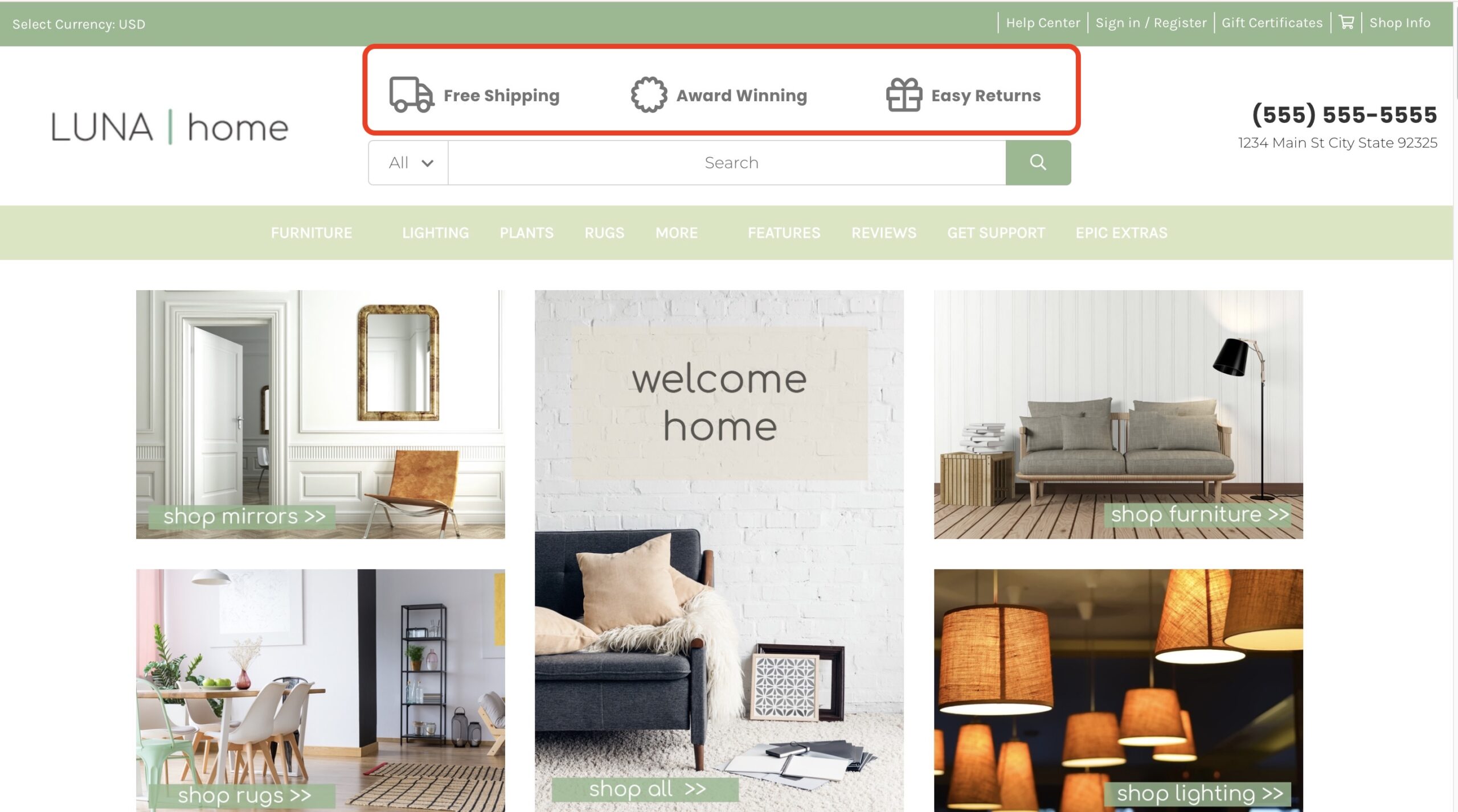 Website header strip showing icons and text for Free Shipping, Award Winning, and Easy Returns above the main navigation.