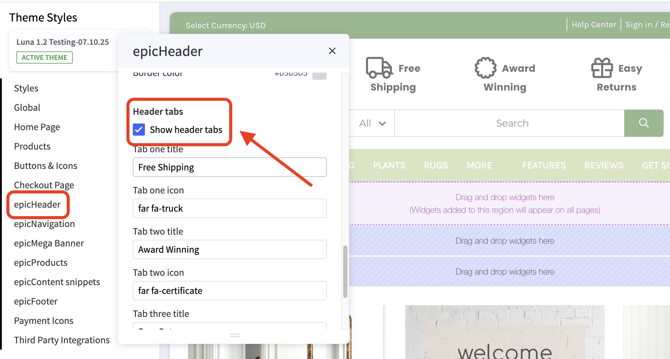 Theme Styles epicHeader settings panel with “Show header tabs” checked and fields for tab titles and Font Awesome icons.