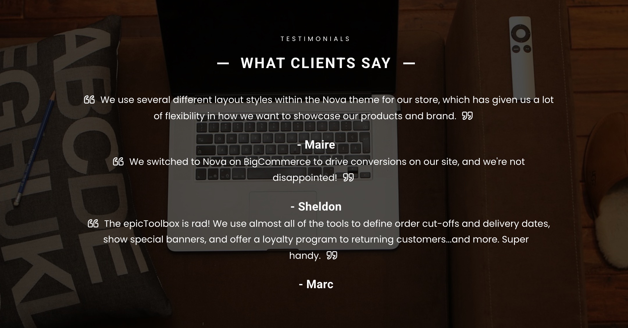 Luna testimonials section showing “What Clients Say” and three customer quotes over a top-down laptop photo.