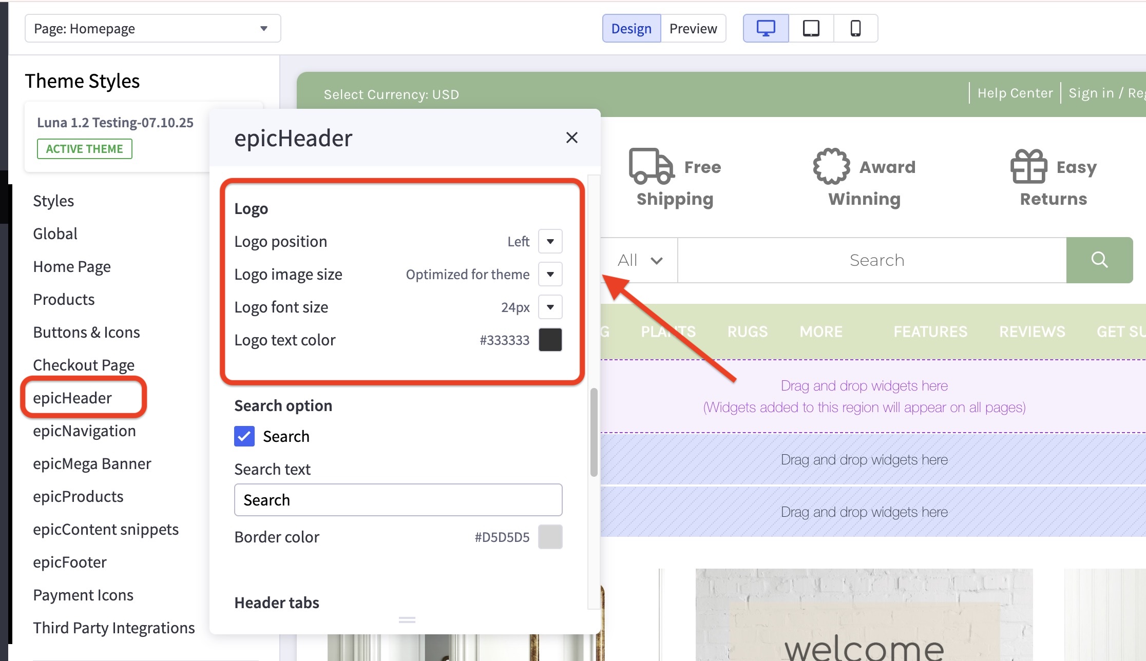 Luna Theme Styles: epicHeader “Logo” settings (position, size, font size, color) highlighted; arrow points to header preview.