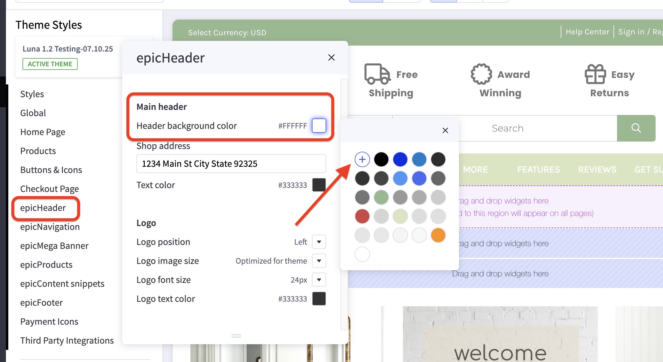 Luna theme Styles—epicHeader settings showing Main header background color field with color picker open.