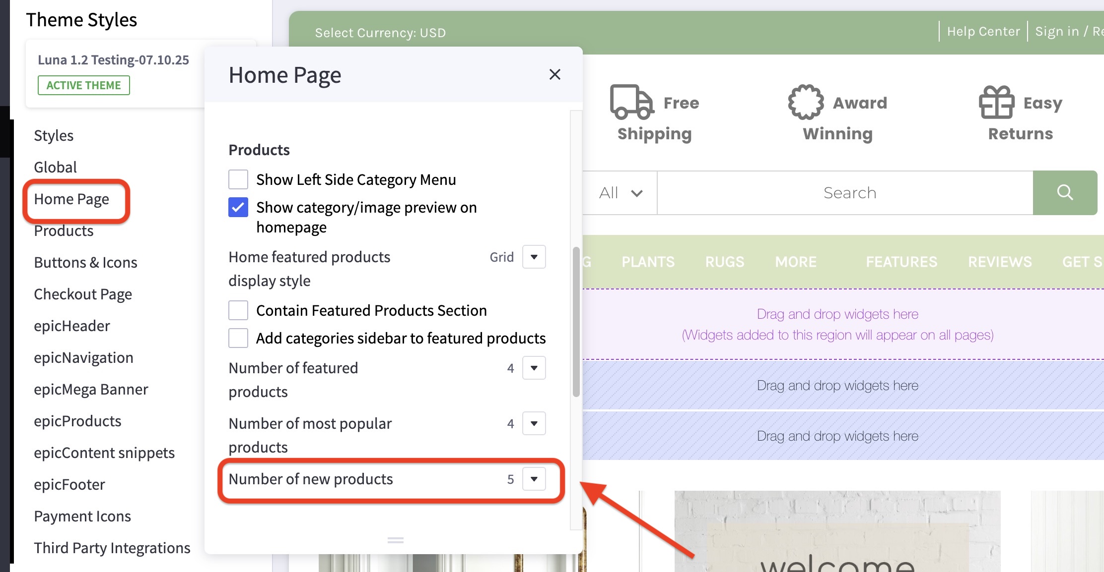 Luna theme customizer: Home Page panel with “Number of new products” set to 5; sidebar and preview visible.