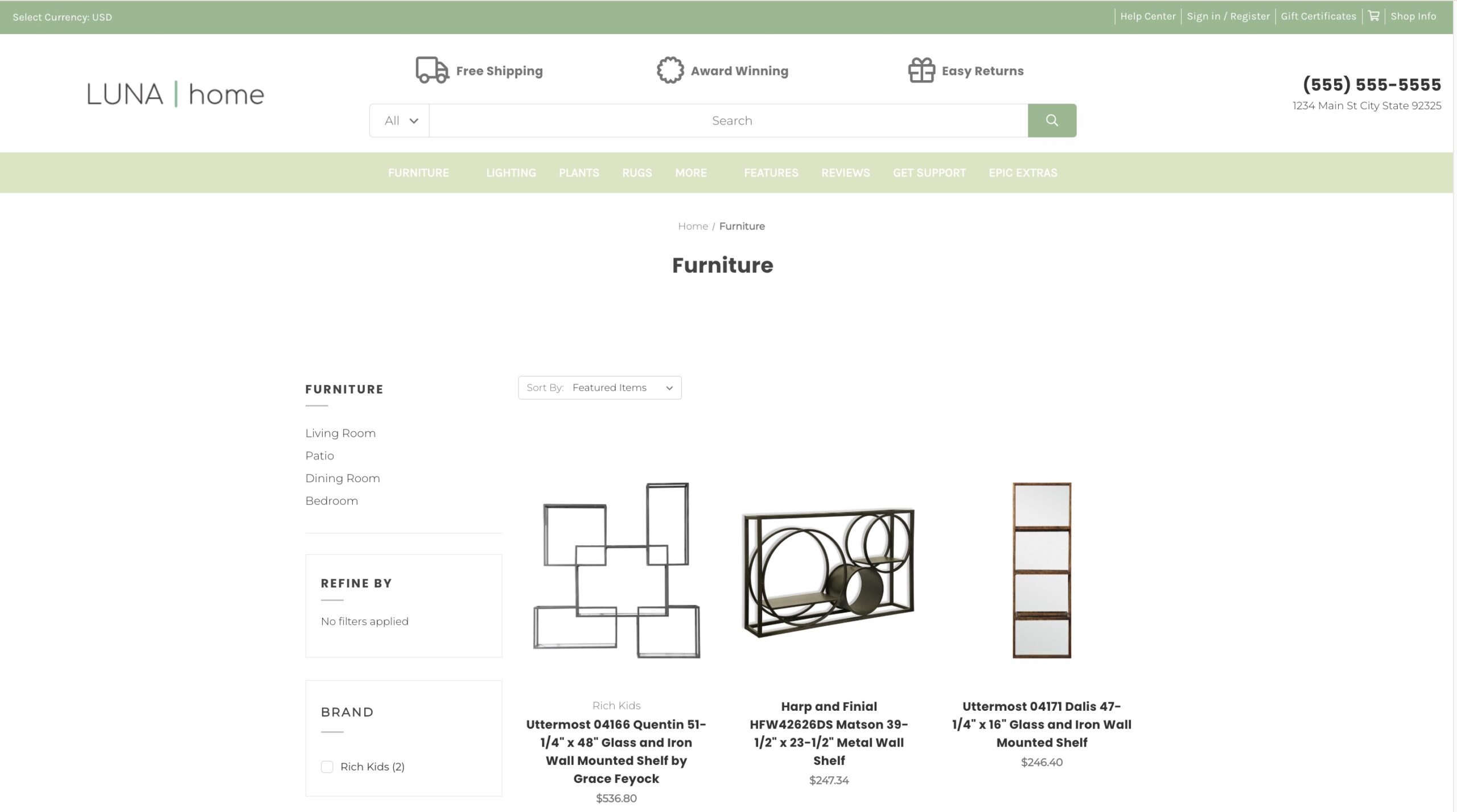 Luna Home Furniture collection listing modern metal and glass wall shelves with product images, names, prices, and left-side filters for room and brand.