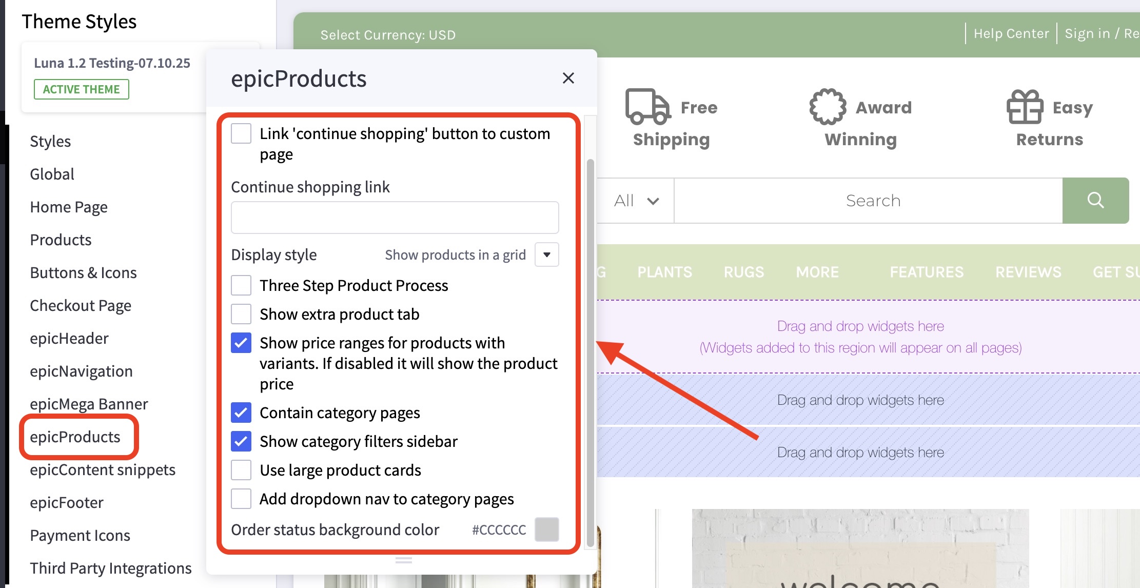 Luna theme “epicProducts” settings panel showing options for product display style, price ranges, category pages, and category filter sidebar.
