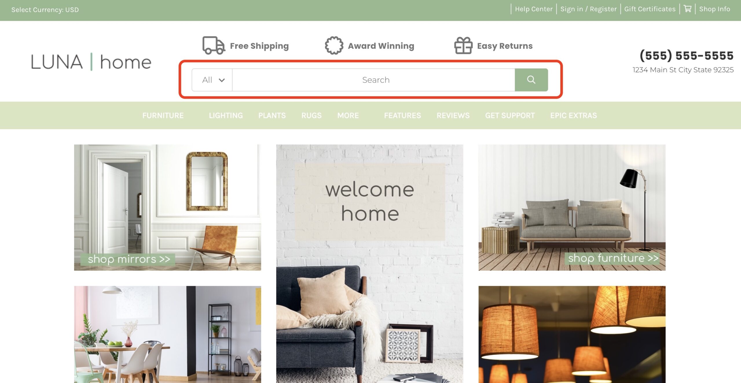 LUNA Home website header with large category dropdown and search bar centered beneath Free Shipping, Award Winning, Easy Returns icons.