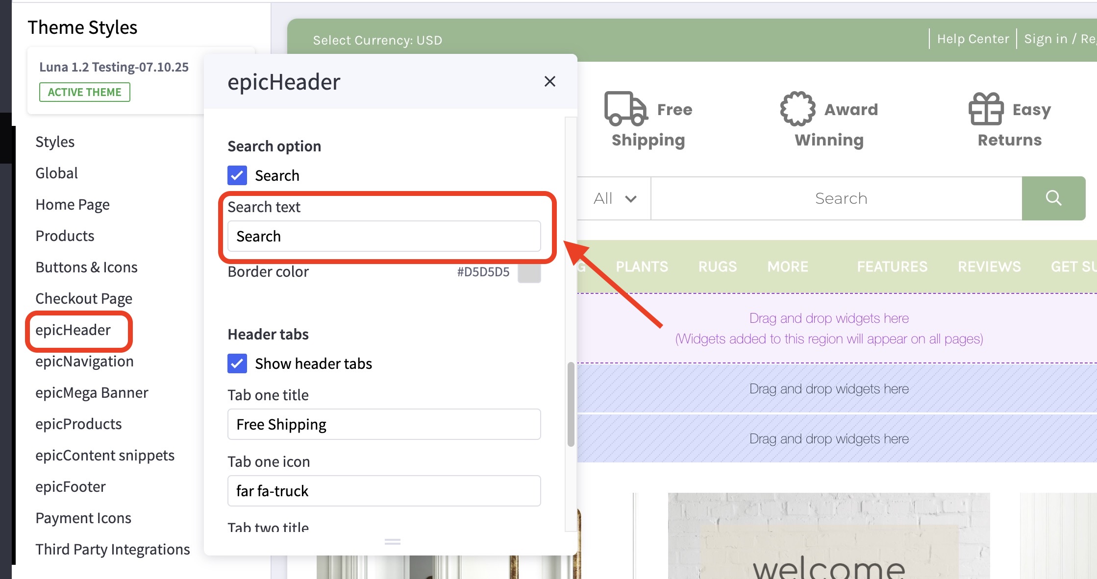 BigCommerce epicHeader settings panel with Search option enabled and Search text field highlighted above header tab options.
