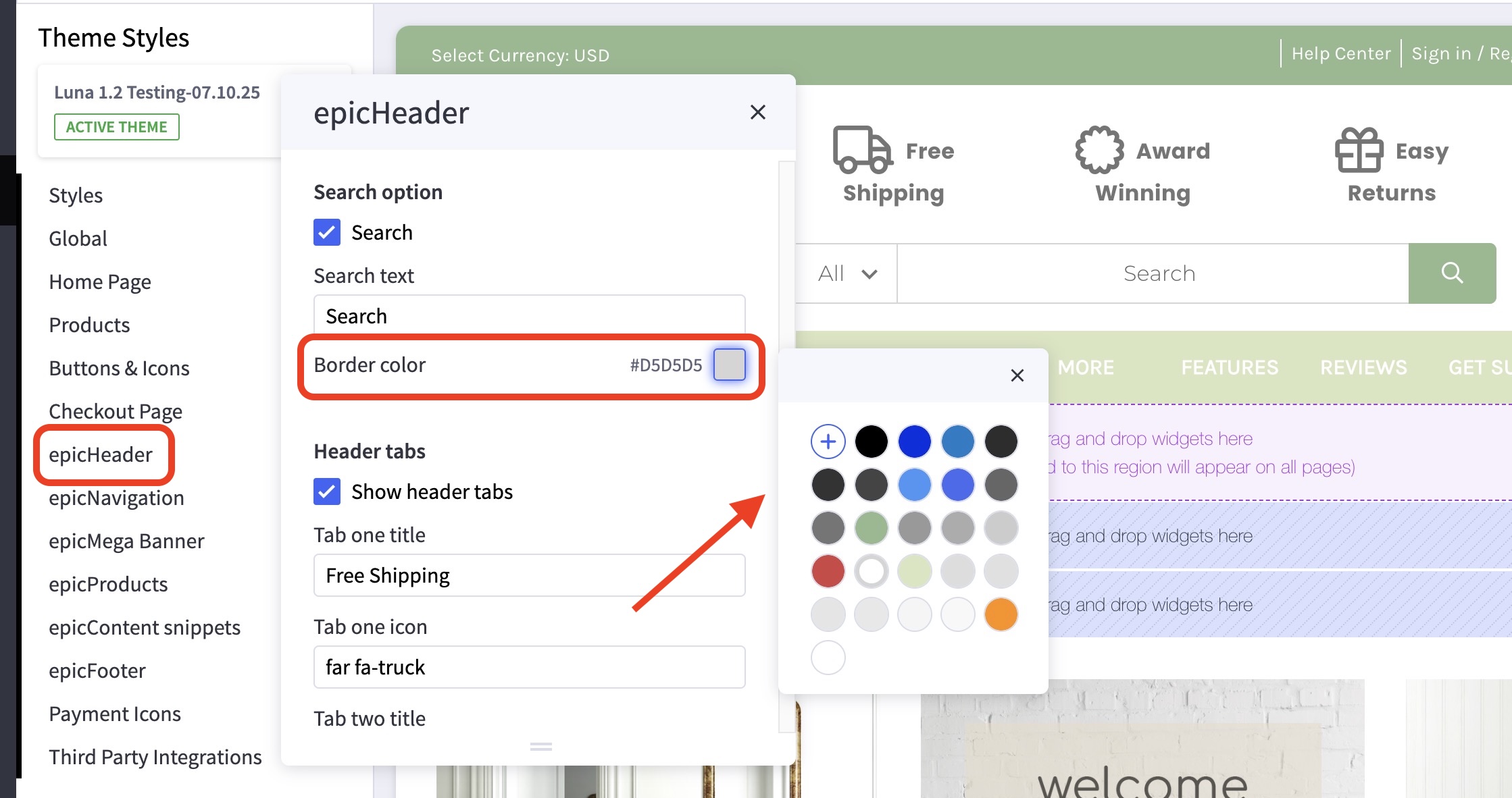 epicHeader settings panel with Search option enabled and Border color field highlighted, showing open color picker palette.