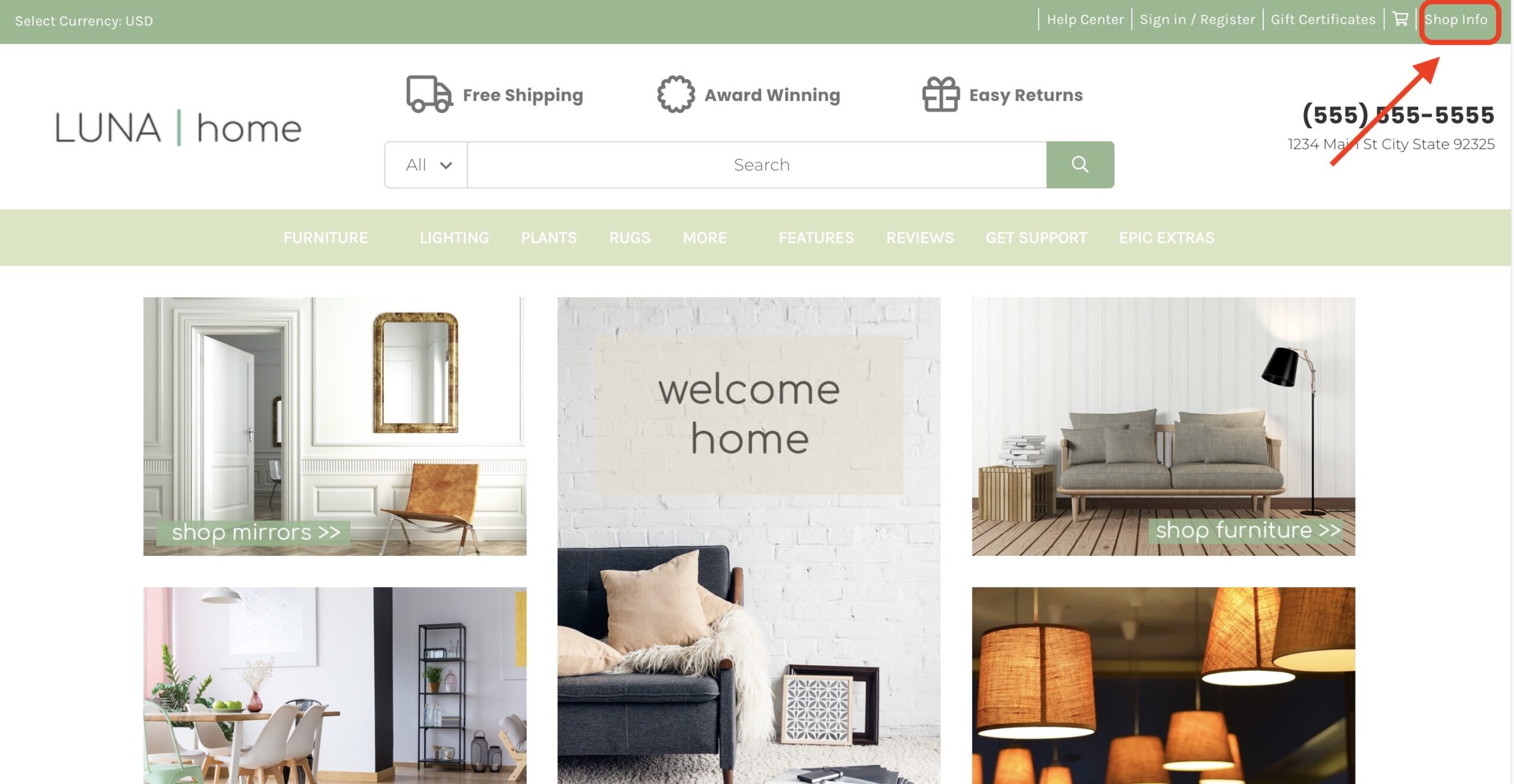 LUNA Home webpage header with green top bar and red highlight around the “Shop Info” link in the upper right.