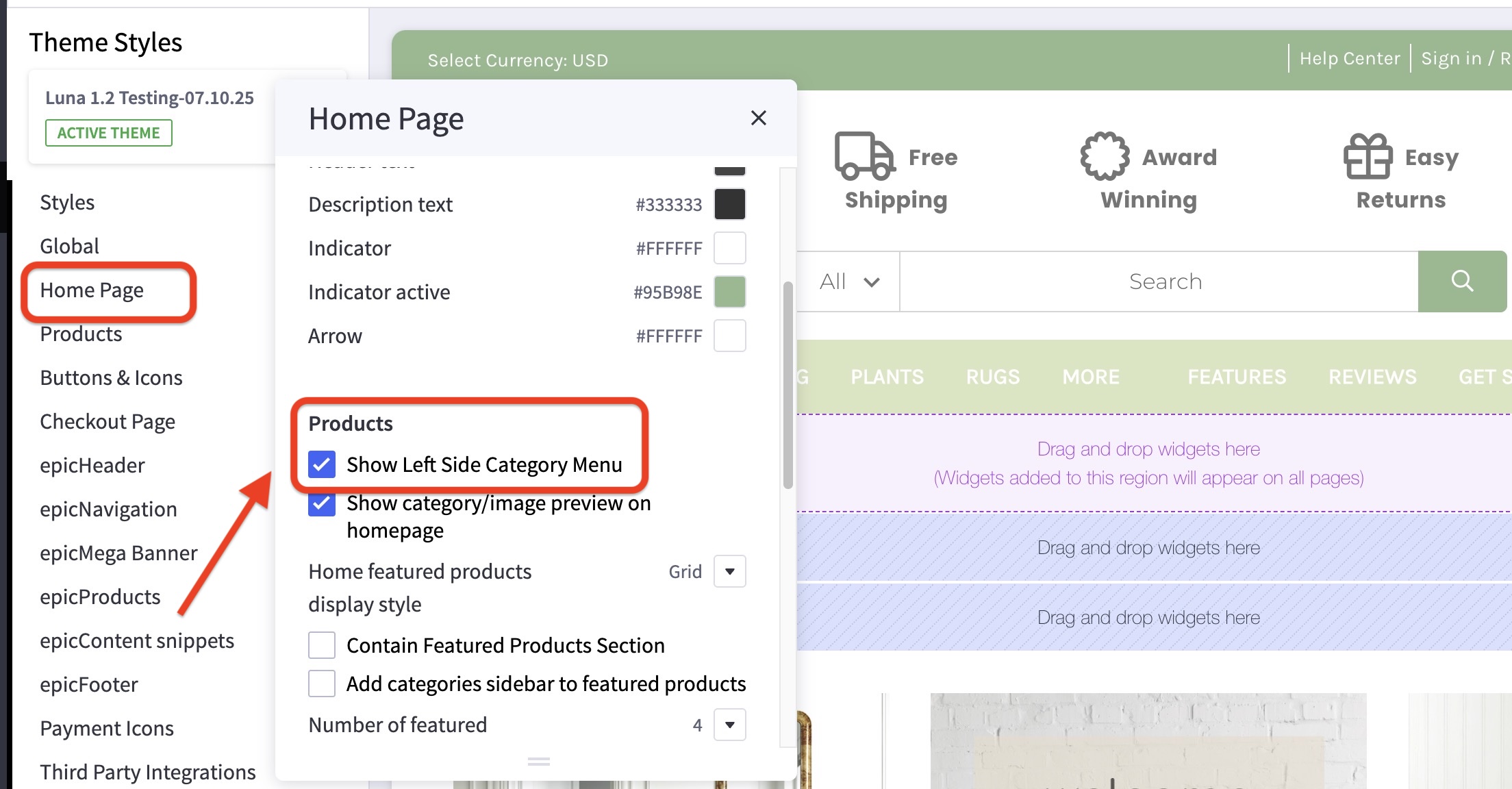 Luna theme customizer view highlighting Products settings and the checked Left Side Category Menu option on Home Page.