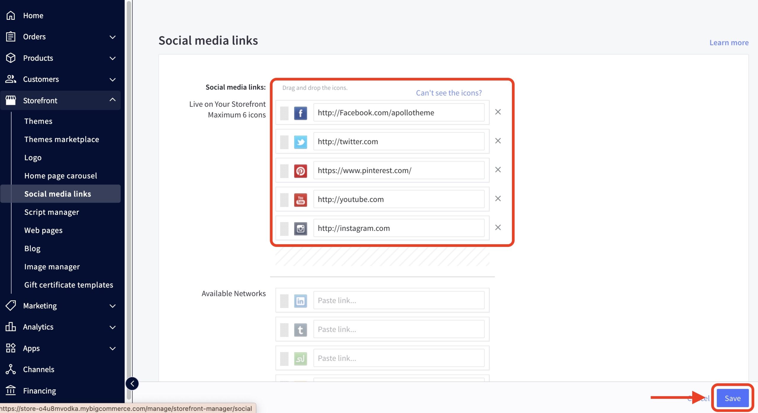 BigCommerce storefront settings page showing editable social media link fields for Facebook, Twitter, Pinterest, YouTube, and Instagram with a Save button highlighted.