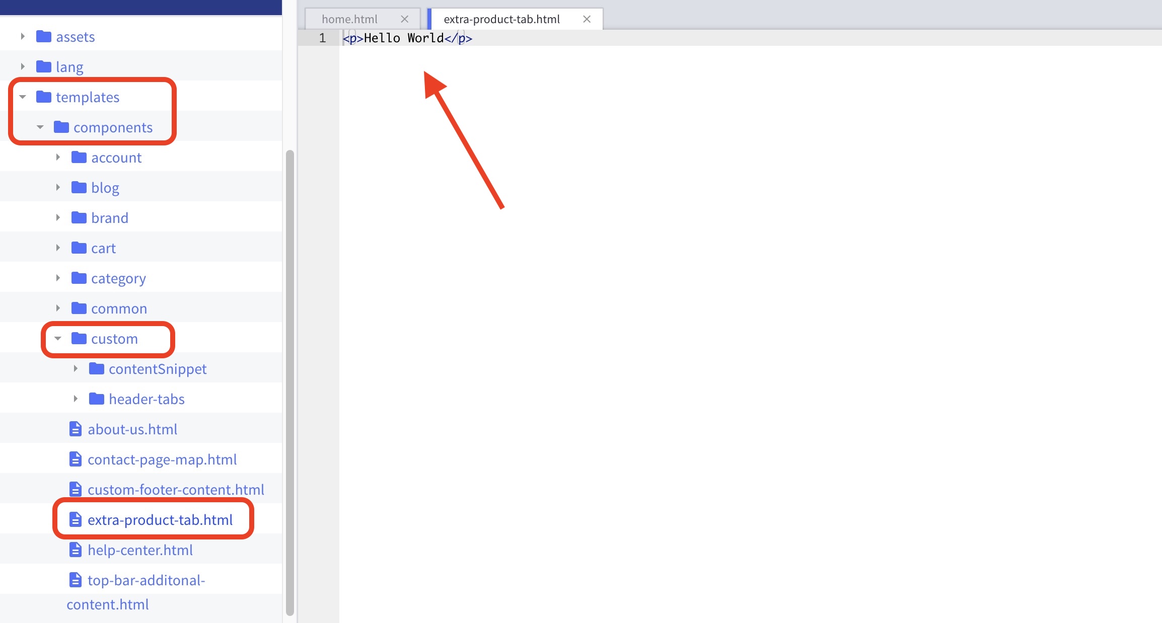 Luna theme template browser highlighting the custom extra-product-tab.html file and editor window.
