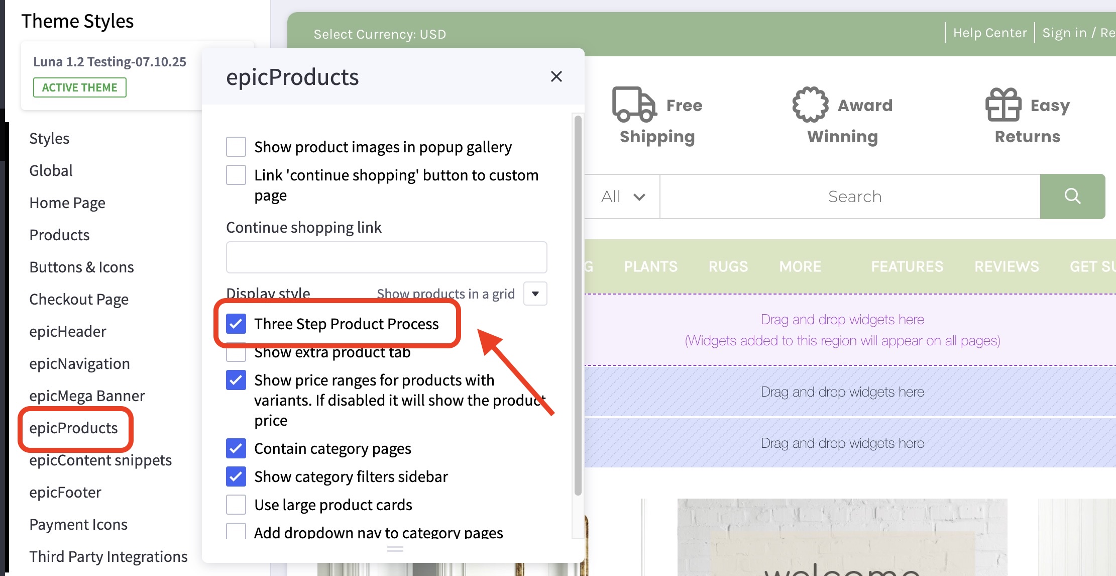 Luna theme epicProducts settings with “Three Step Product Process” checkbox enabled in the product options panel.