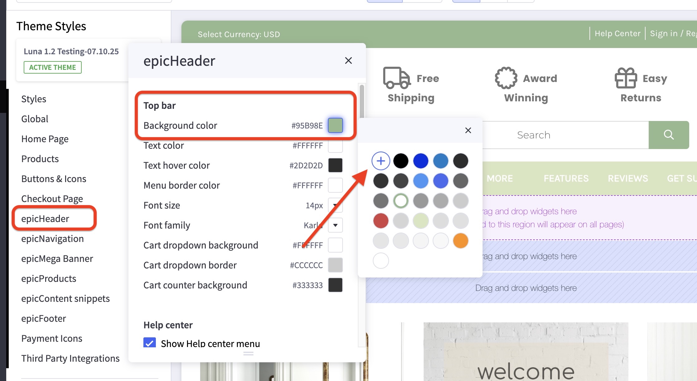 Luna theme editor with epicHeader > Top bar background color highlighted; color picker open to change header bar color.