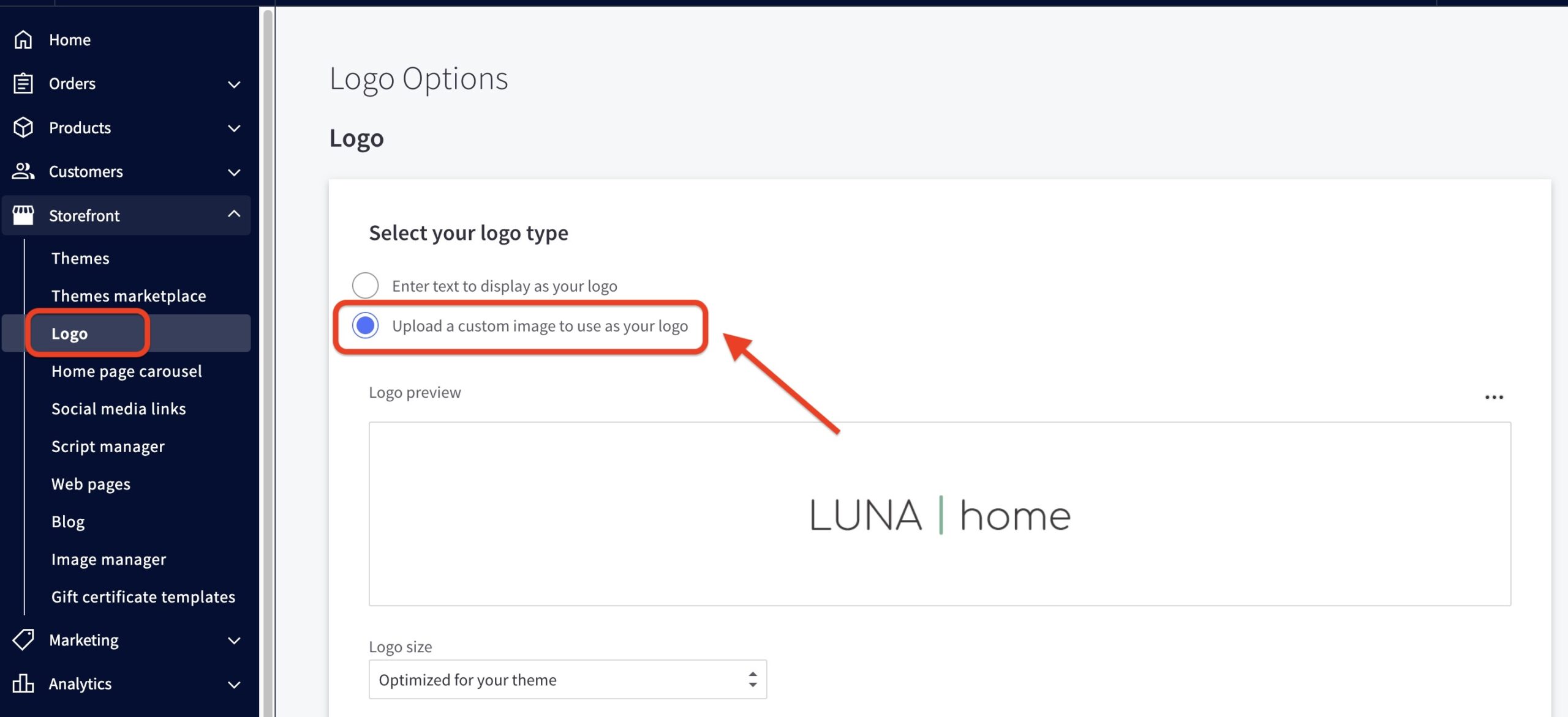 BigCommerce dashboard Logo Options screen with “Upload a custom image to use as your logo” selected and highlighted.