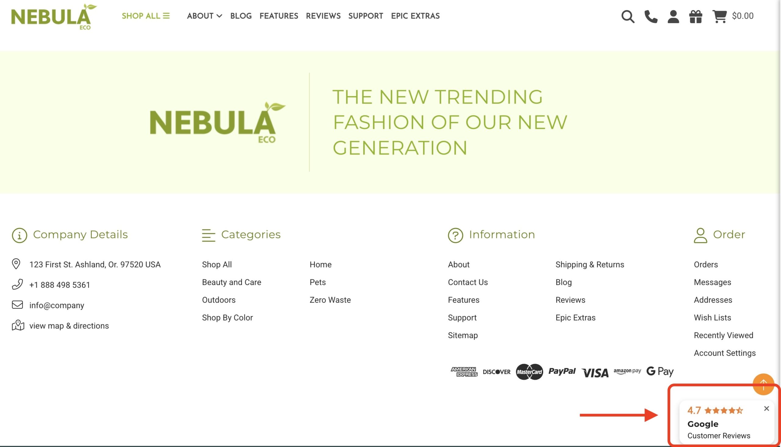 Nebula Eco site footer with contact, categories, info links, and a 4.7-star Google Customer Reviews badge in the bottom right.