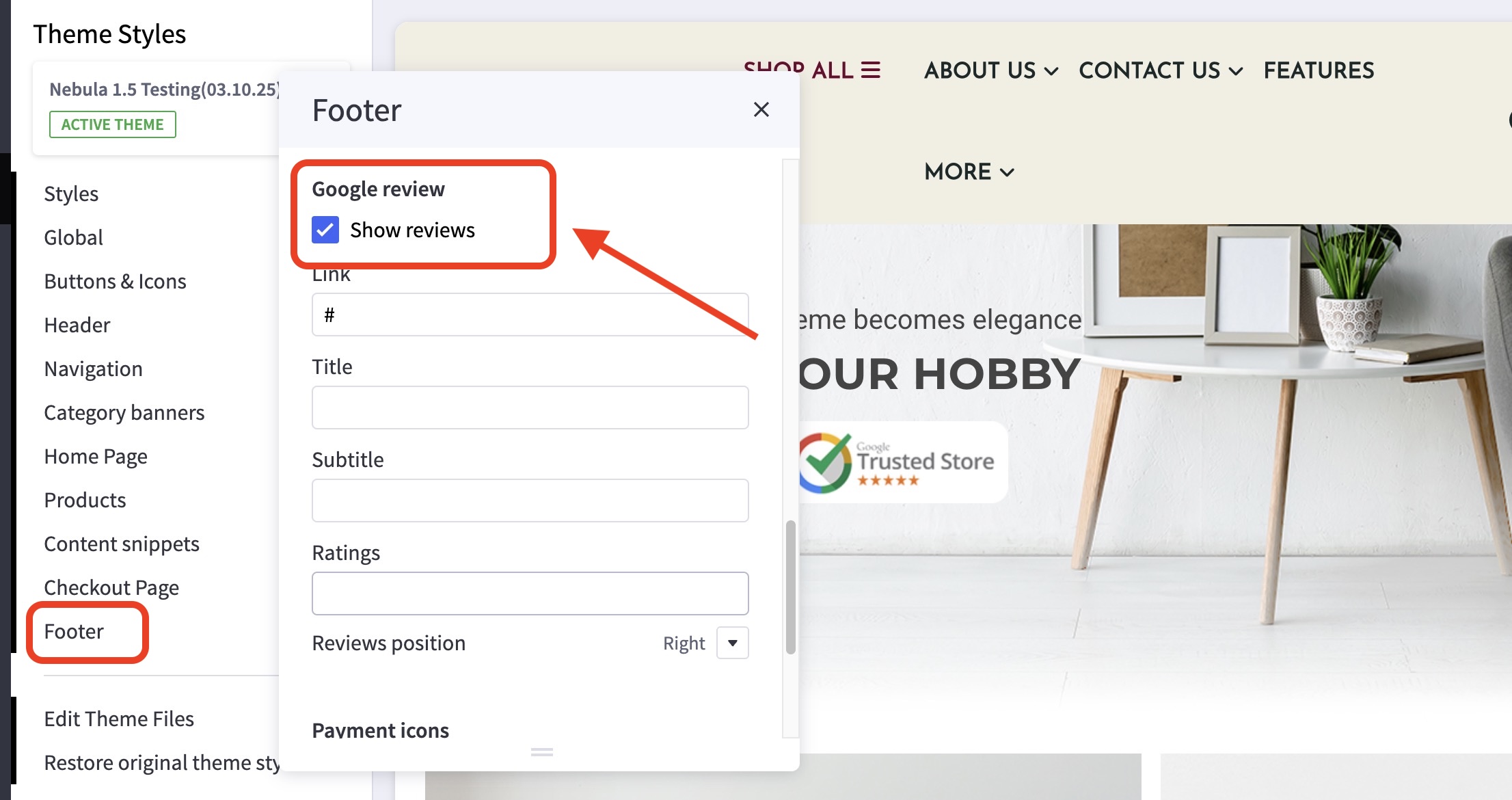 Nebula theme Footer settings panel with Google review “Show reviews” checkbox enabled and highlighted.