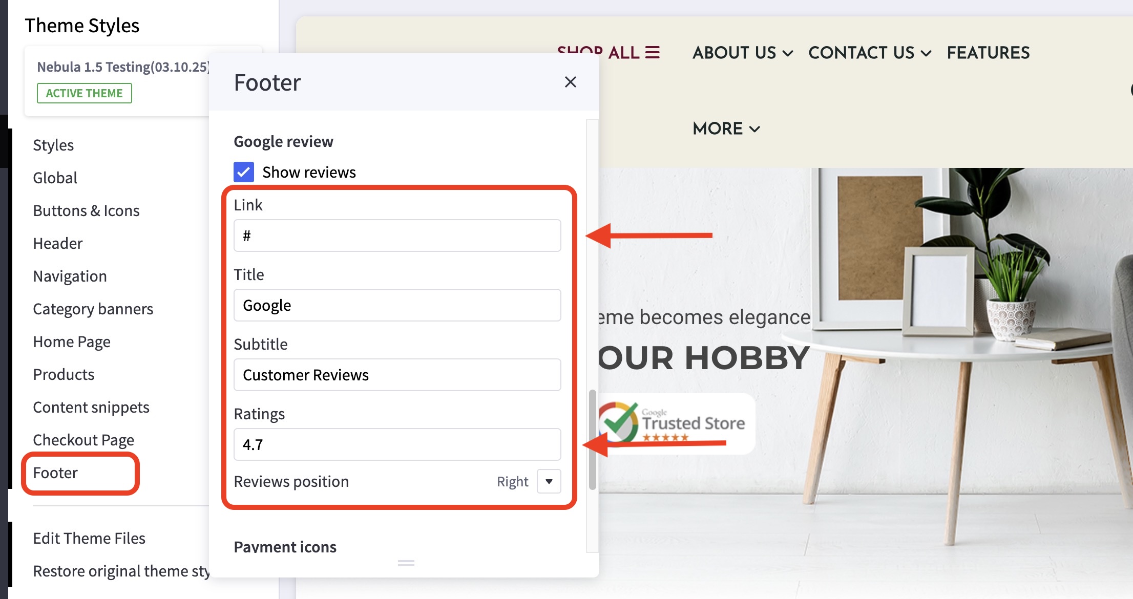 Nebula Footer settings panel showing editable Google review fields: Link, Title, Subtitle, Ratings, and position.