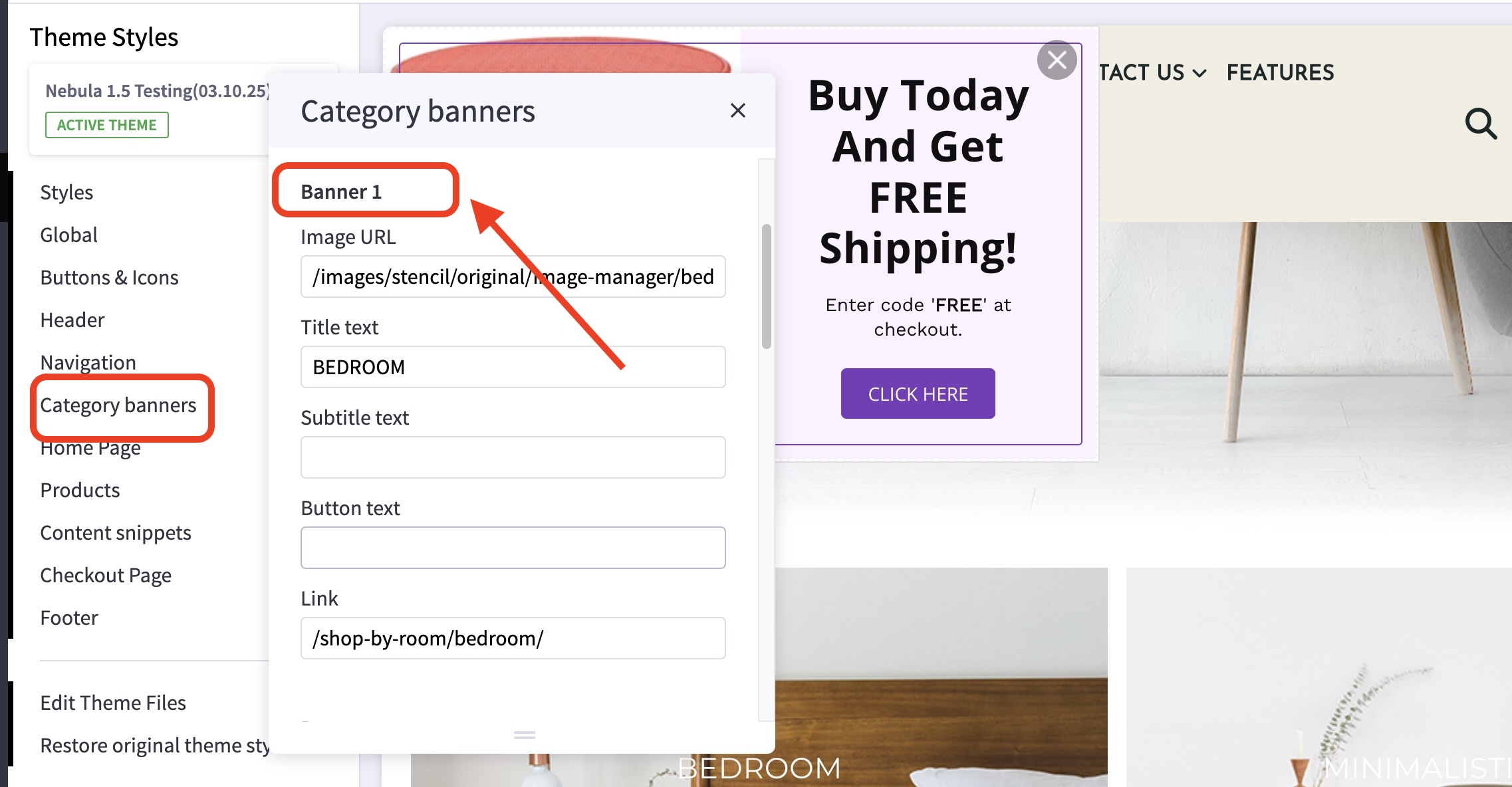 Nebula theme editor showing Category Banner 1 settings with image URL, title, subtitle, button text, and link fields.