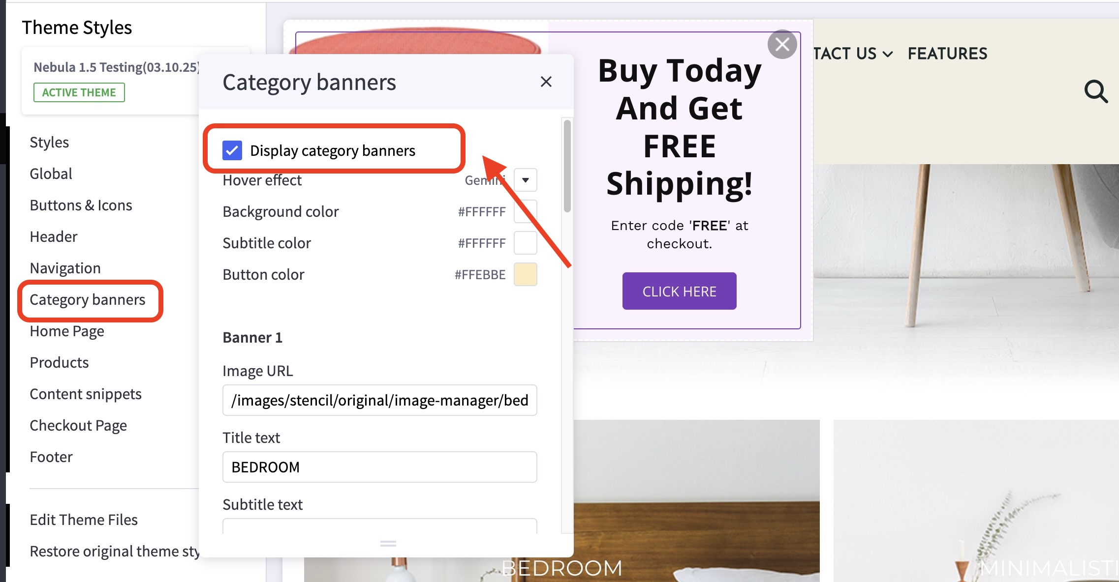 Nebula theme editor showing Category banners panel with “Display category banners” checkbox enabled.