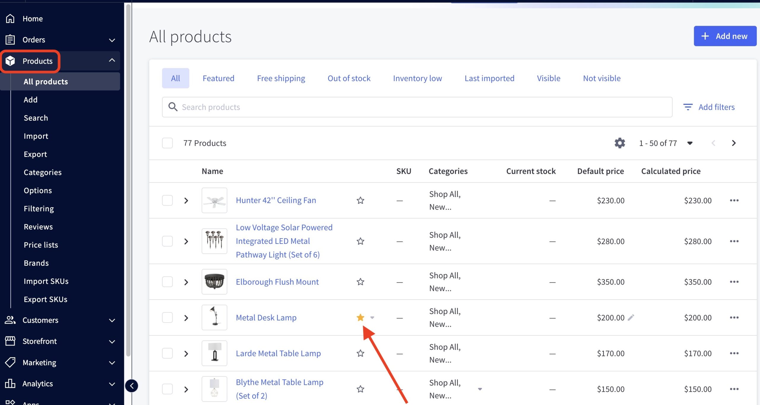 BigCommerce admin Products list; yellow star marks a featured product. Left sidebar shows Products menu.