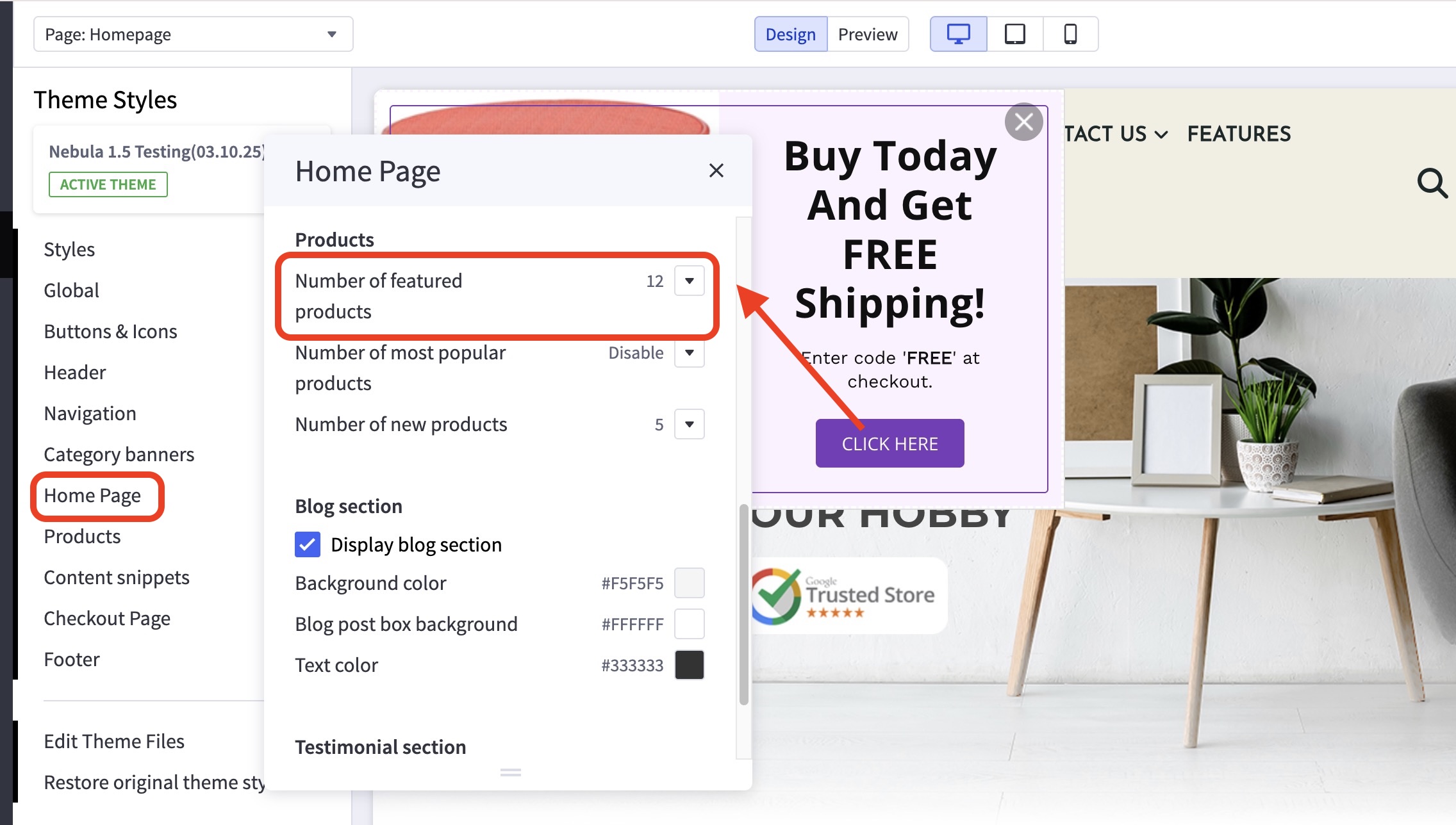 Nebula theme editor showing Home Page settings with the featured products count set to 12.