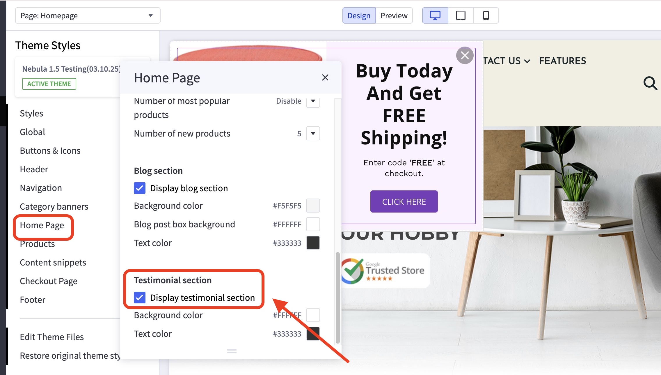 Nebula theme Home Page settings panel with checkbox to display testimonial section highlighted in red.