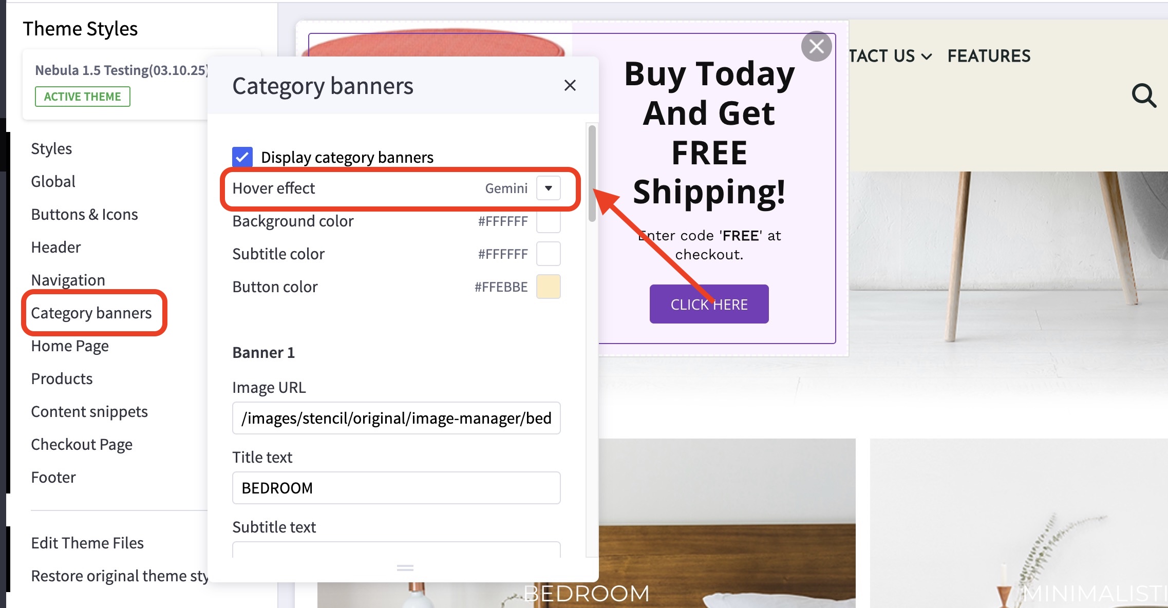Nebula theme Category banners settings panel showing “Display category banners” checked and hover effect set to Gemini.