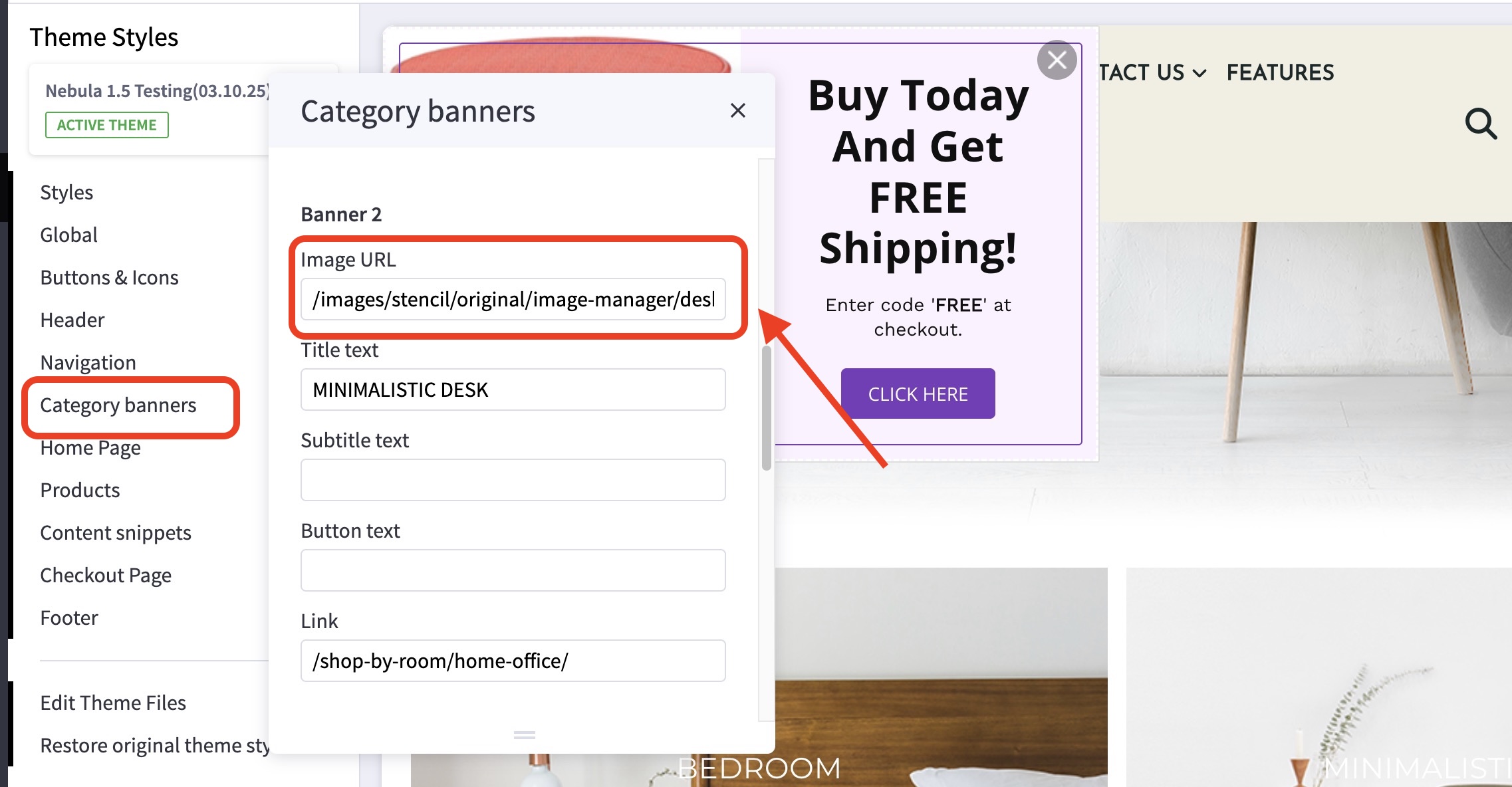 Nebula theme Category banners panel showing Banner 2 image URL field for the Minimalistic Desk home office category.