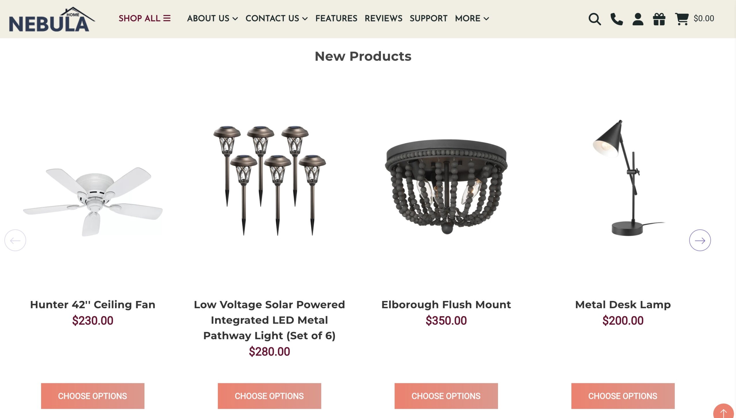 Nebula New Products section with ceiling fan, solar pathway lights, flush mount light, and metal desk lamp, each showing price.